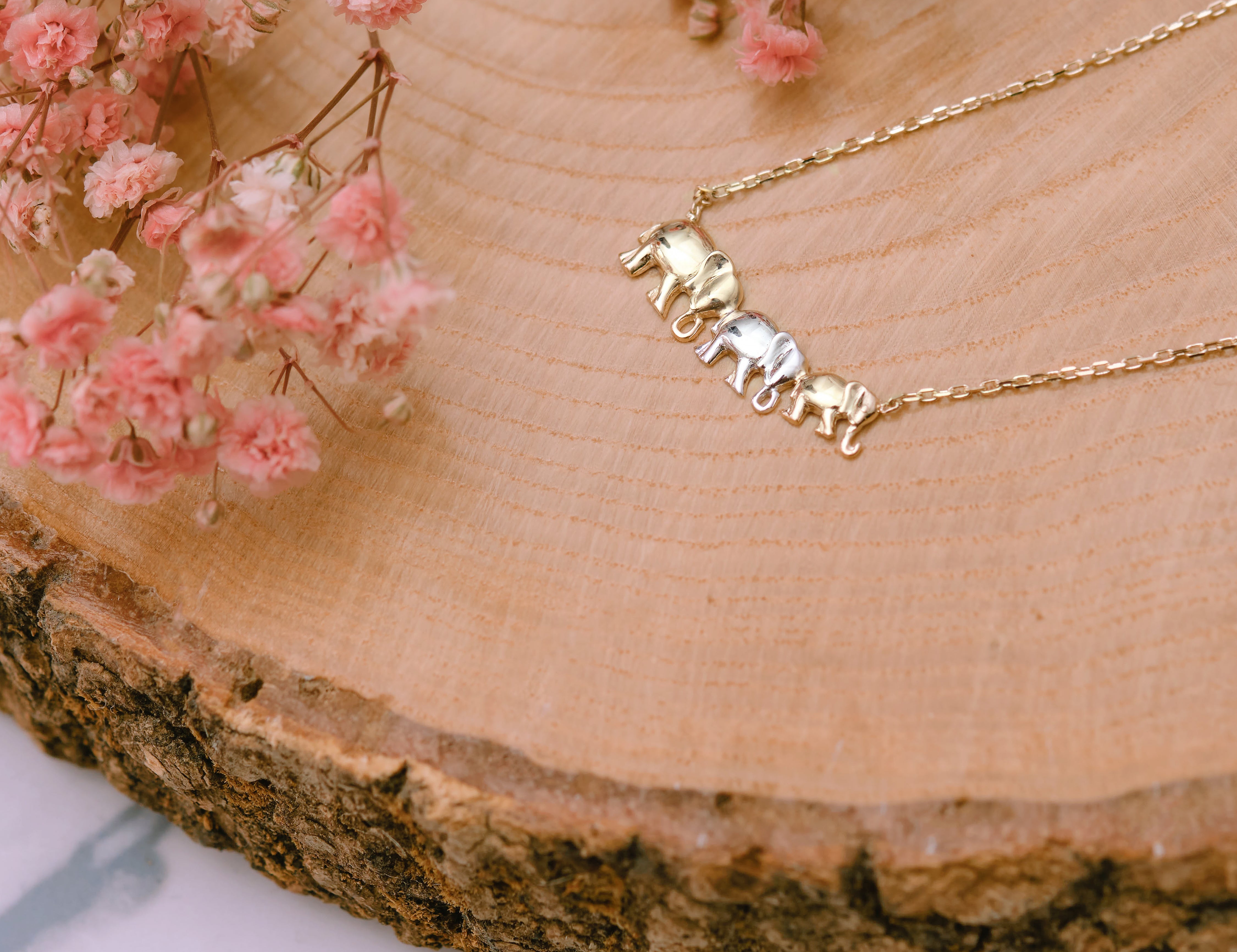 14K Gold Triple Elephant Pendant Necklace