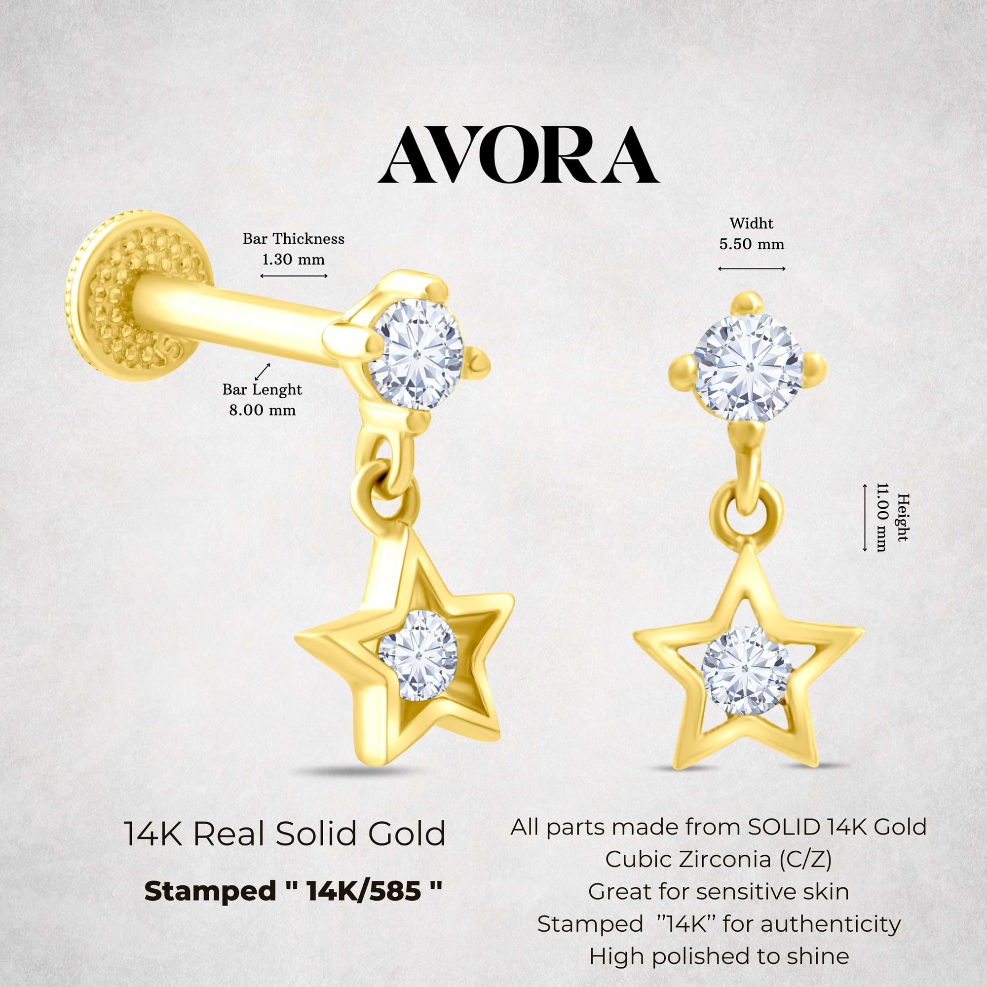 14k Gold star piercings with clear stones on a gray background, featuring 'Avora Fine jewelry branding.