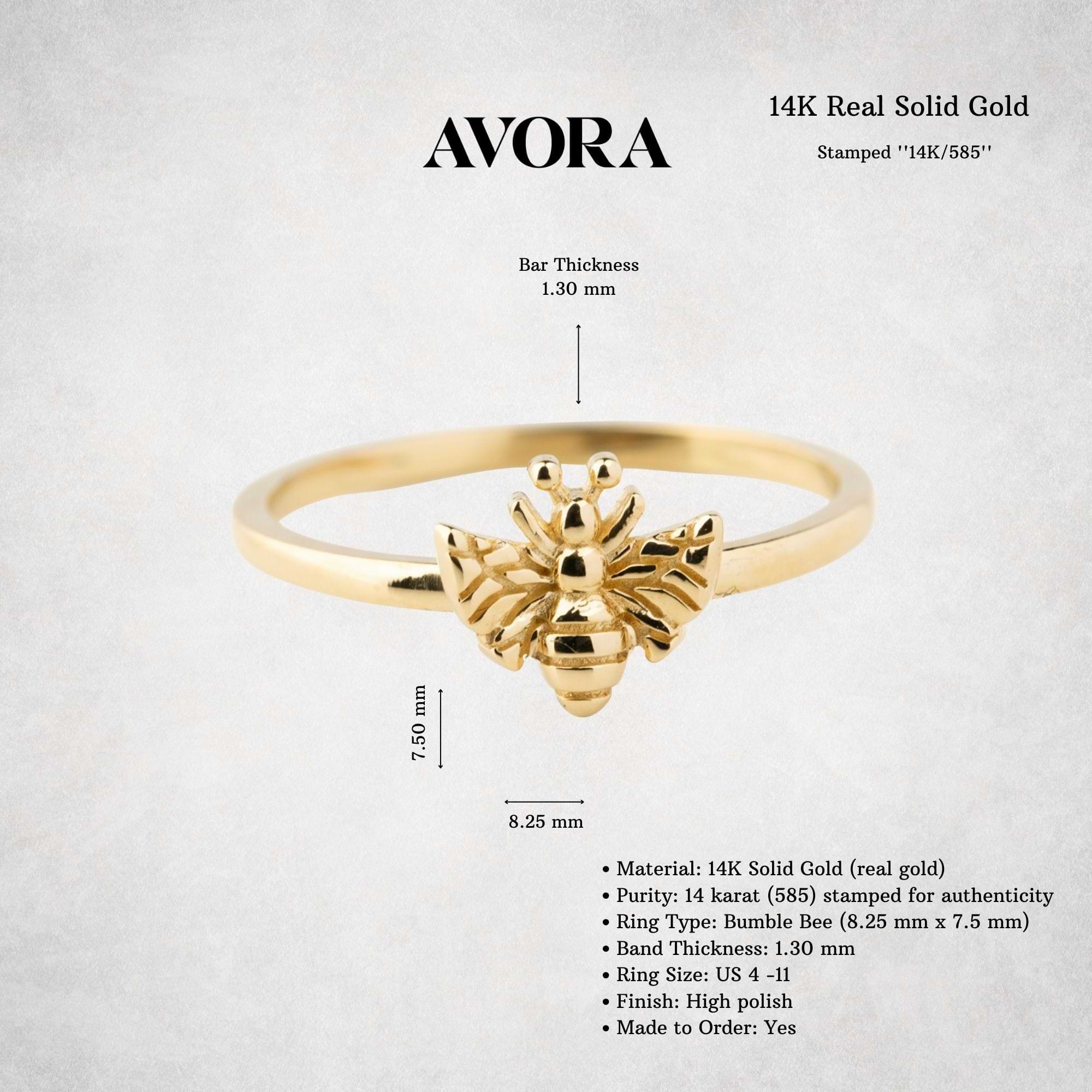 14K Solid Gold Bumble Bee Ring