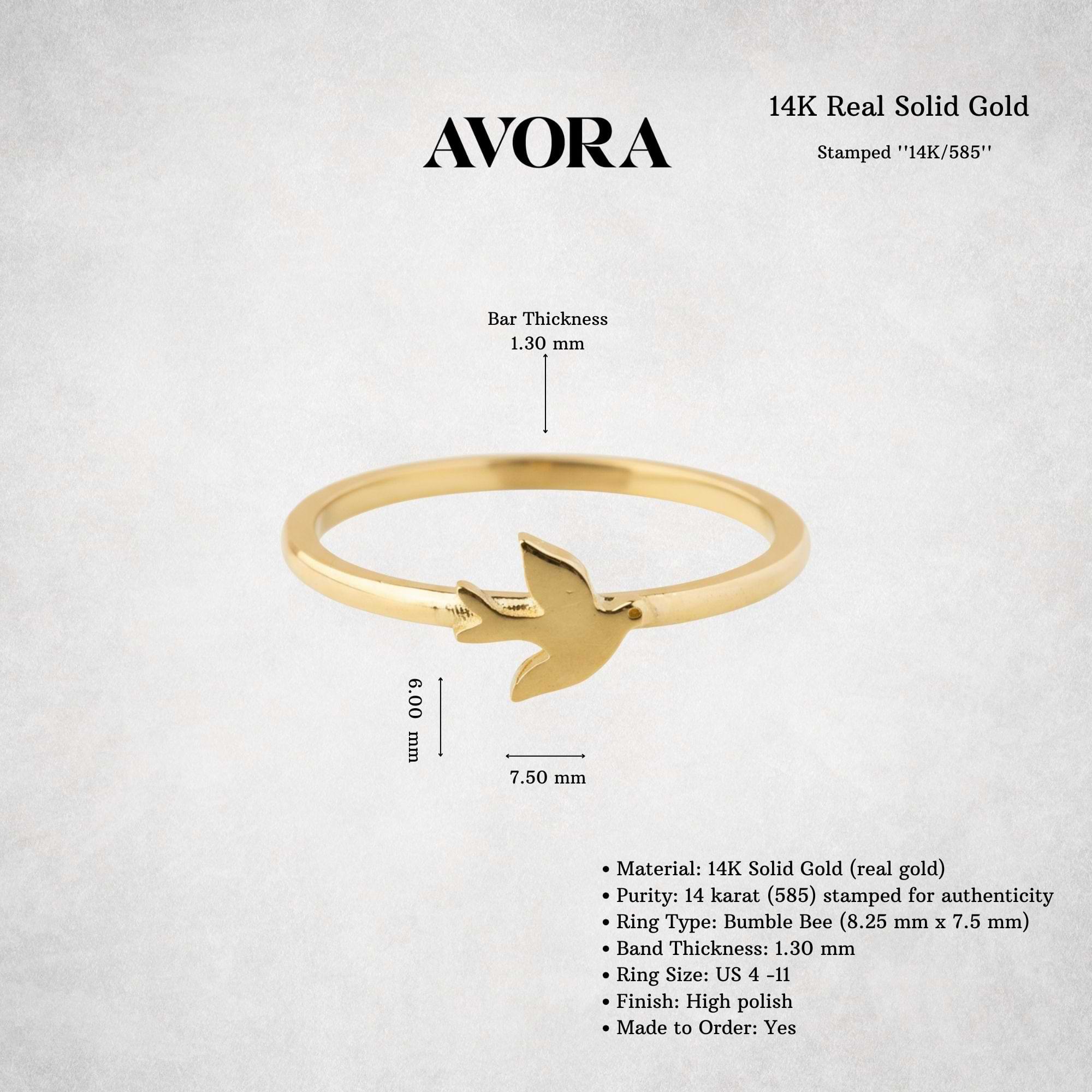 14K Solid Gold Dove Bird Ring