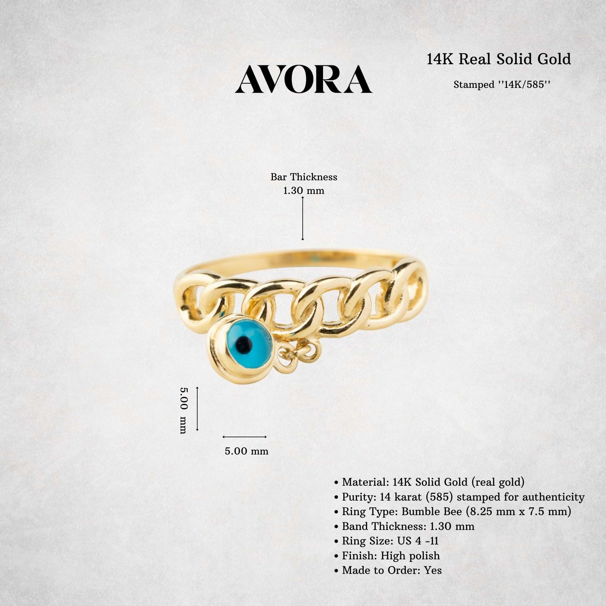 14K Solid Gold Chain Link Ring with Evil Eye Charm