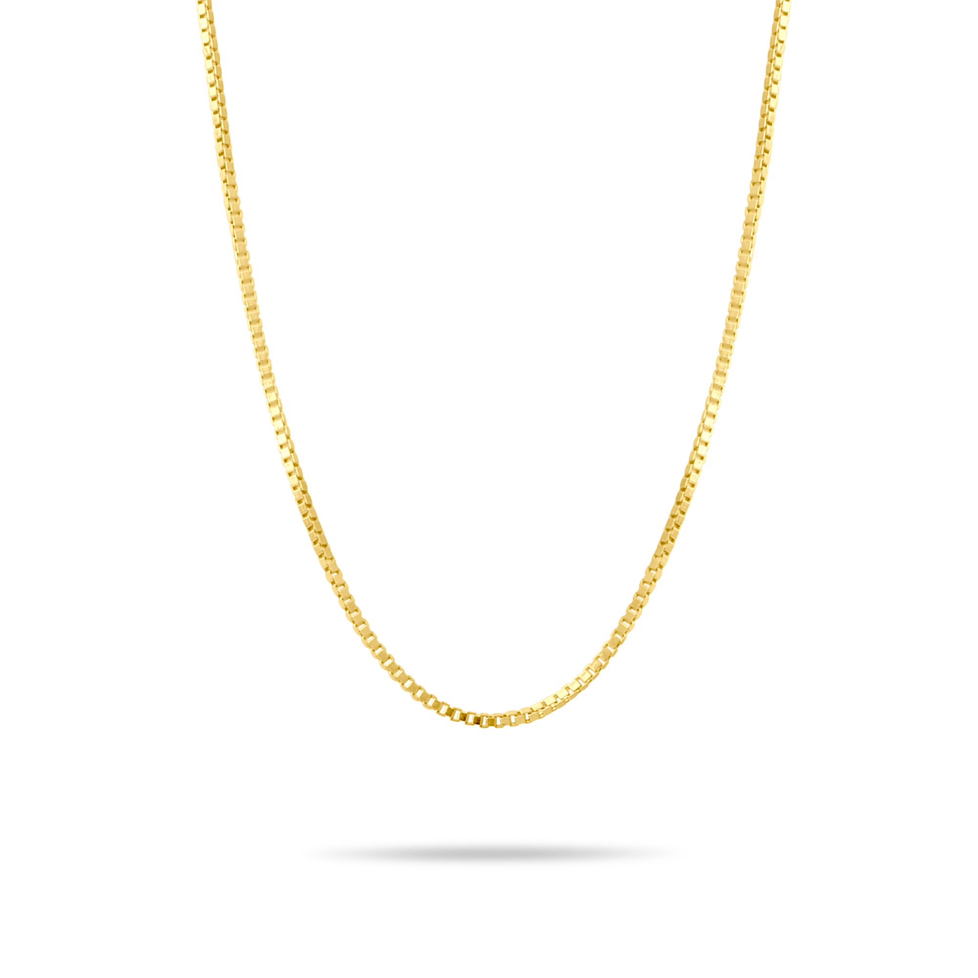 Gold 1.1mm box chain on a transparent background