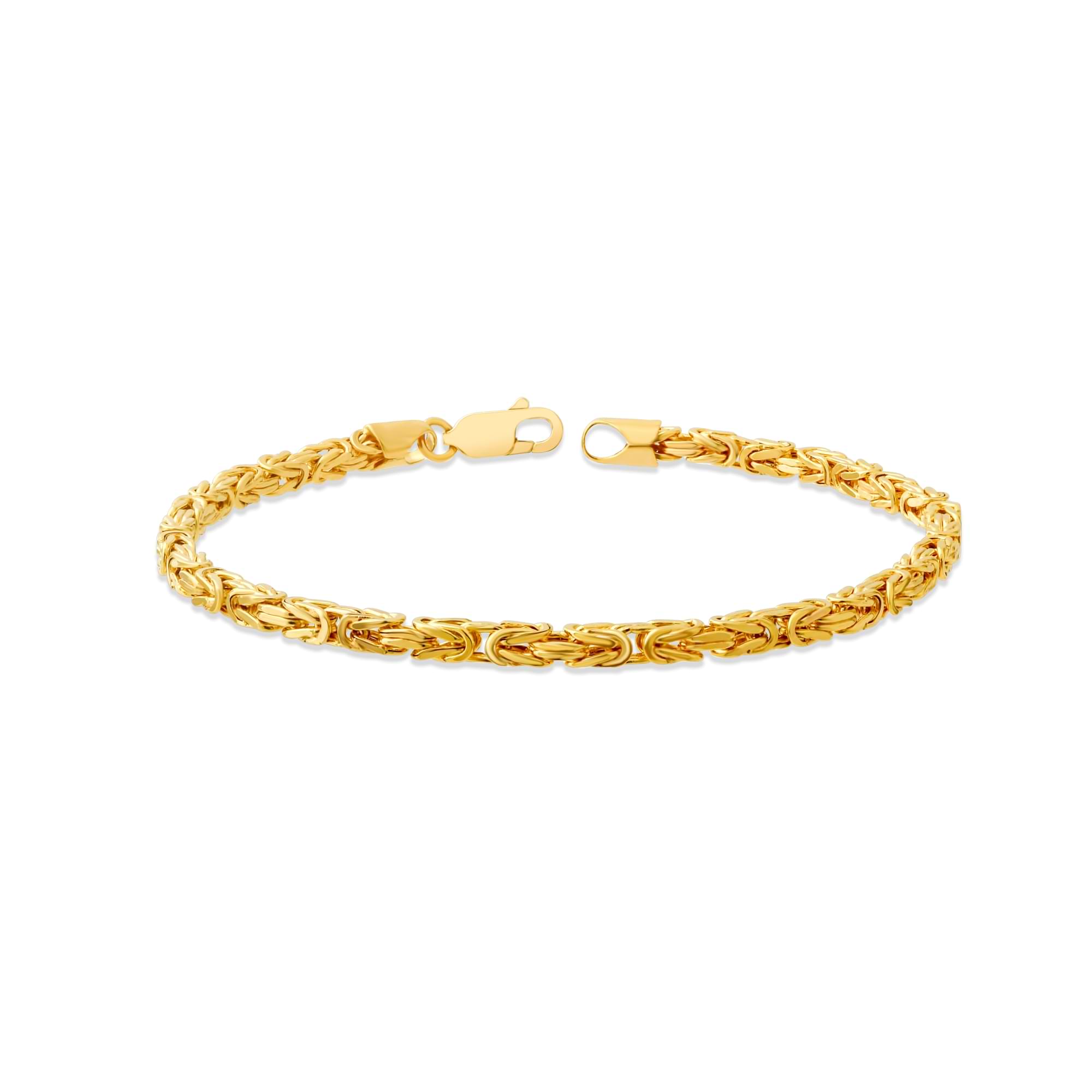 Gold 3mm byzantine chain bracelet on a white background