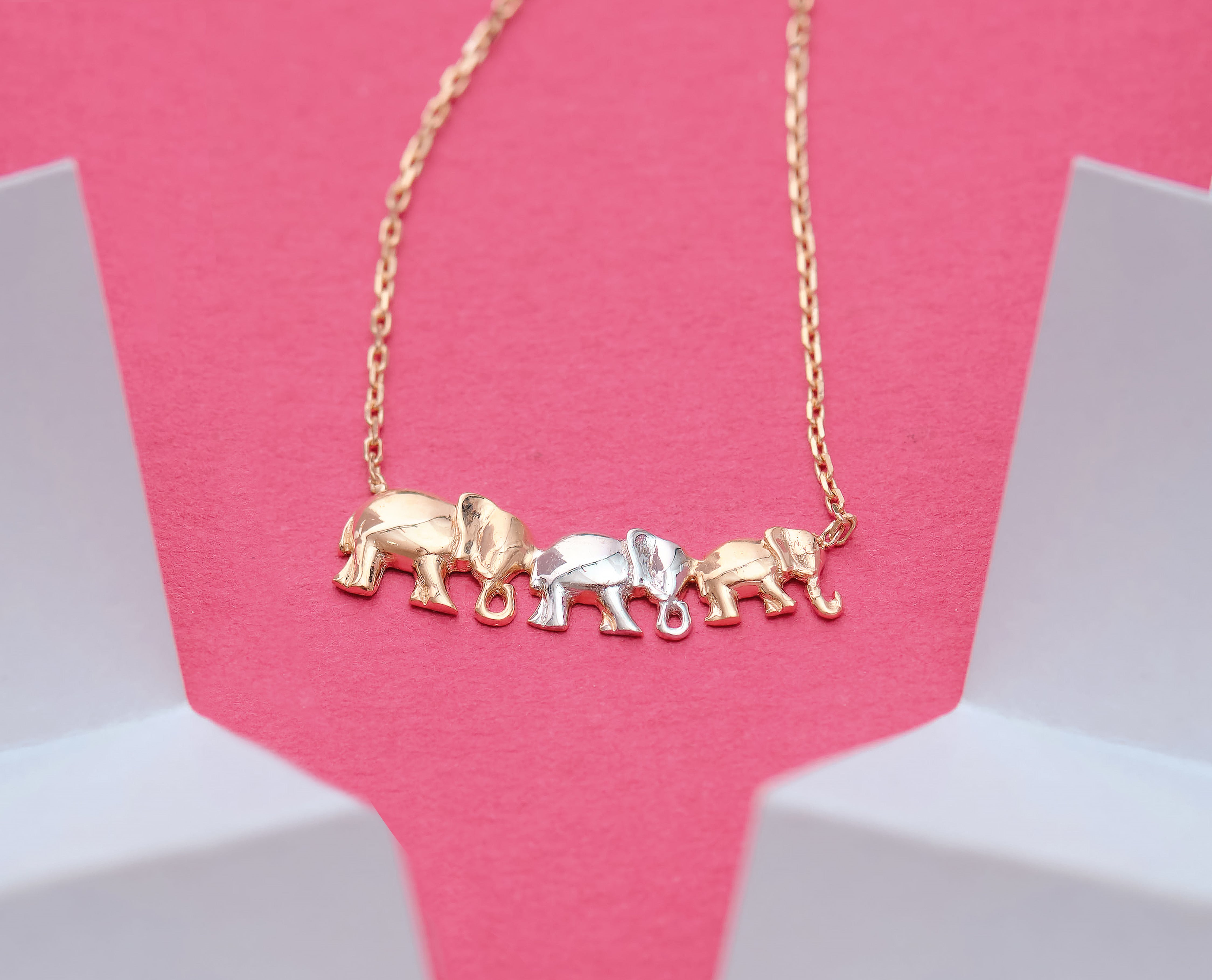 14K Gold Triple Elephant Pendant Necklace