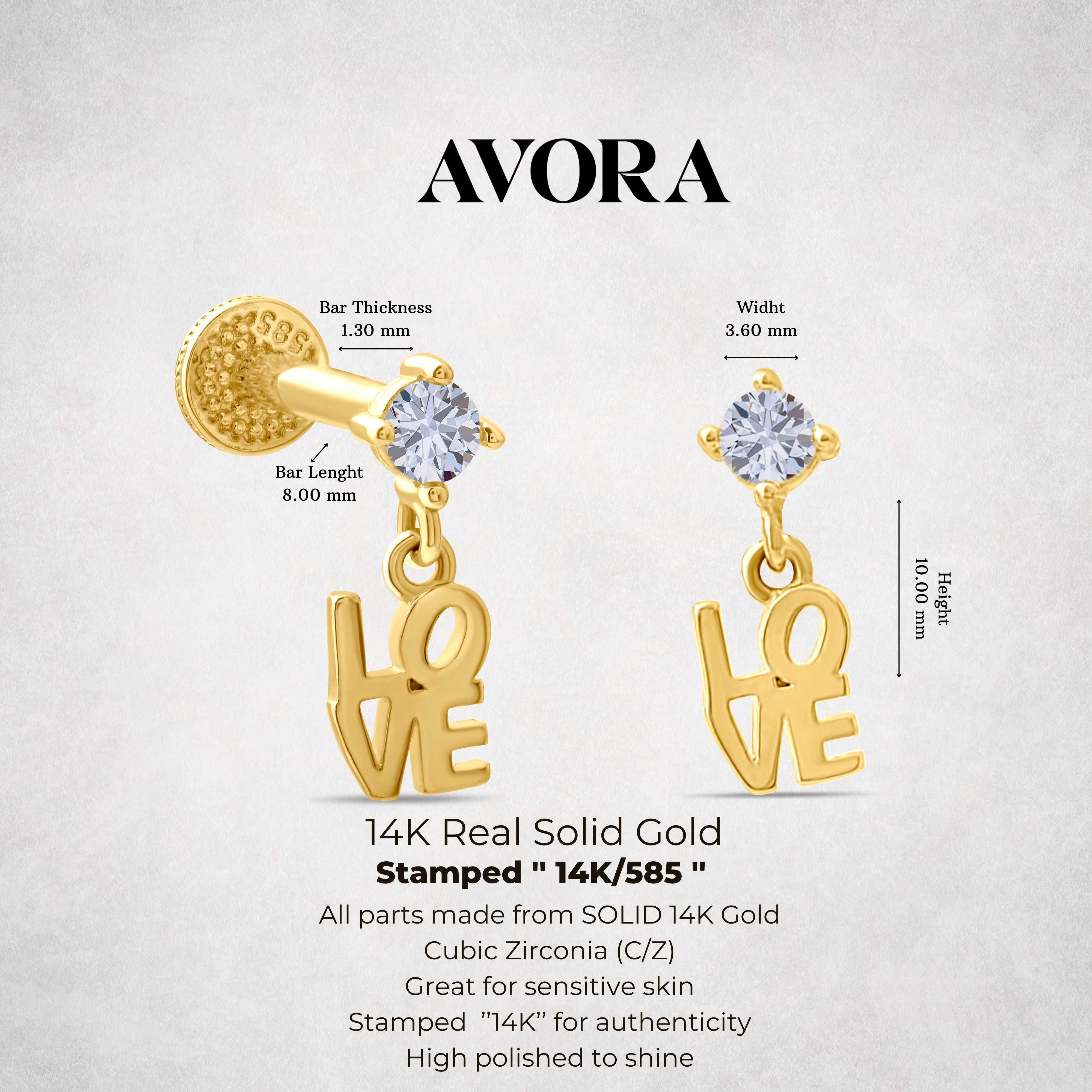Gold 'LOVE' Piercing with clear CZ on a gray background, featuring Avora Fine Jewelry branding.