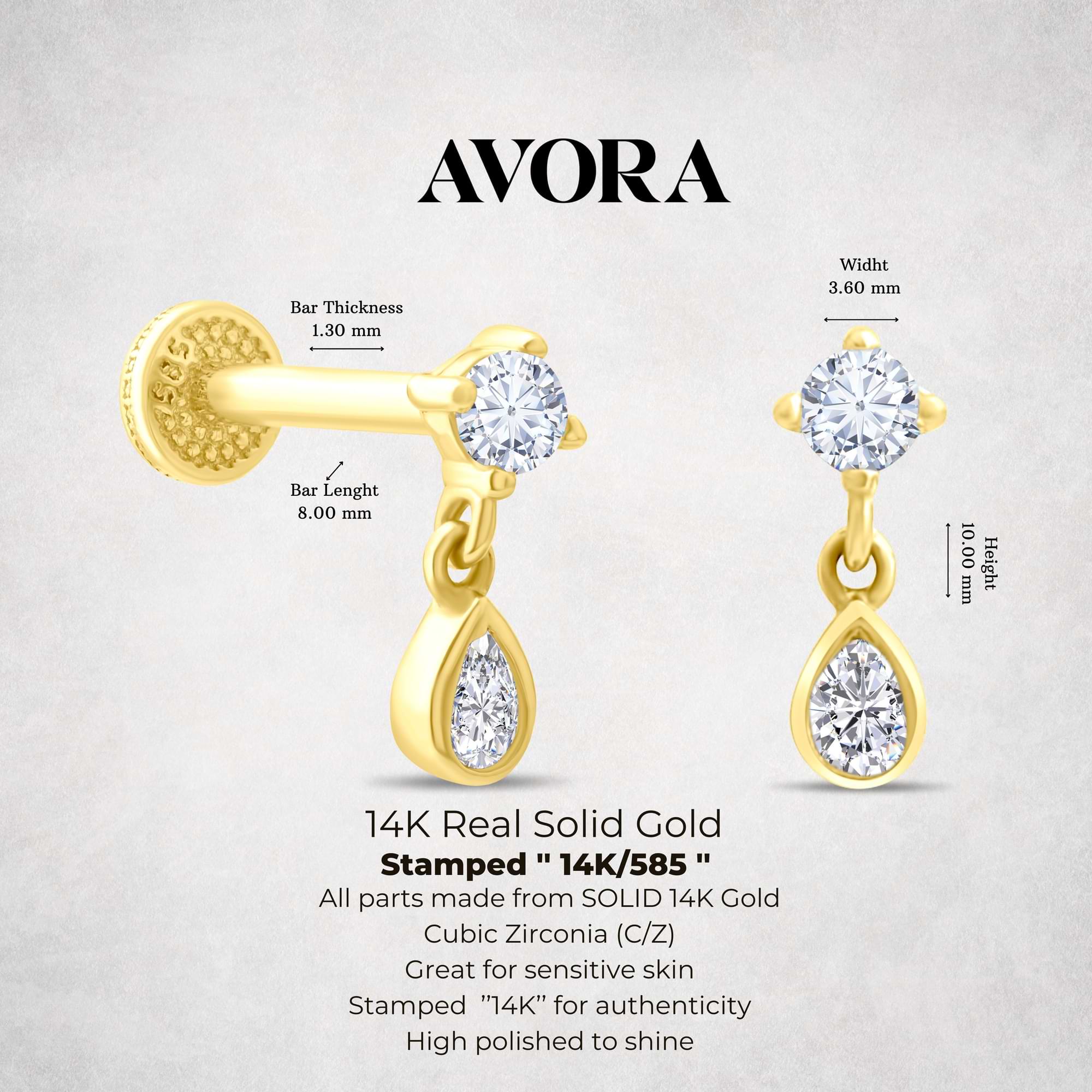 14k Gold piercings with clear cz stones on a gray background, featuring Avora Fine jewelry branding.