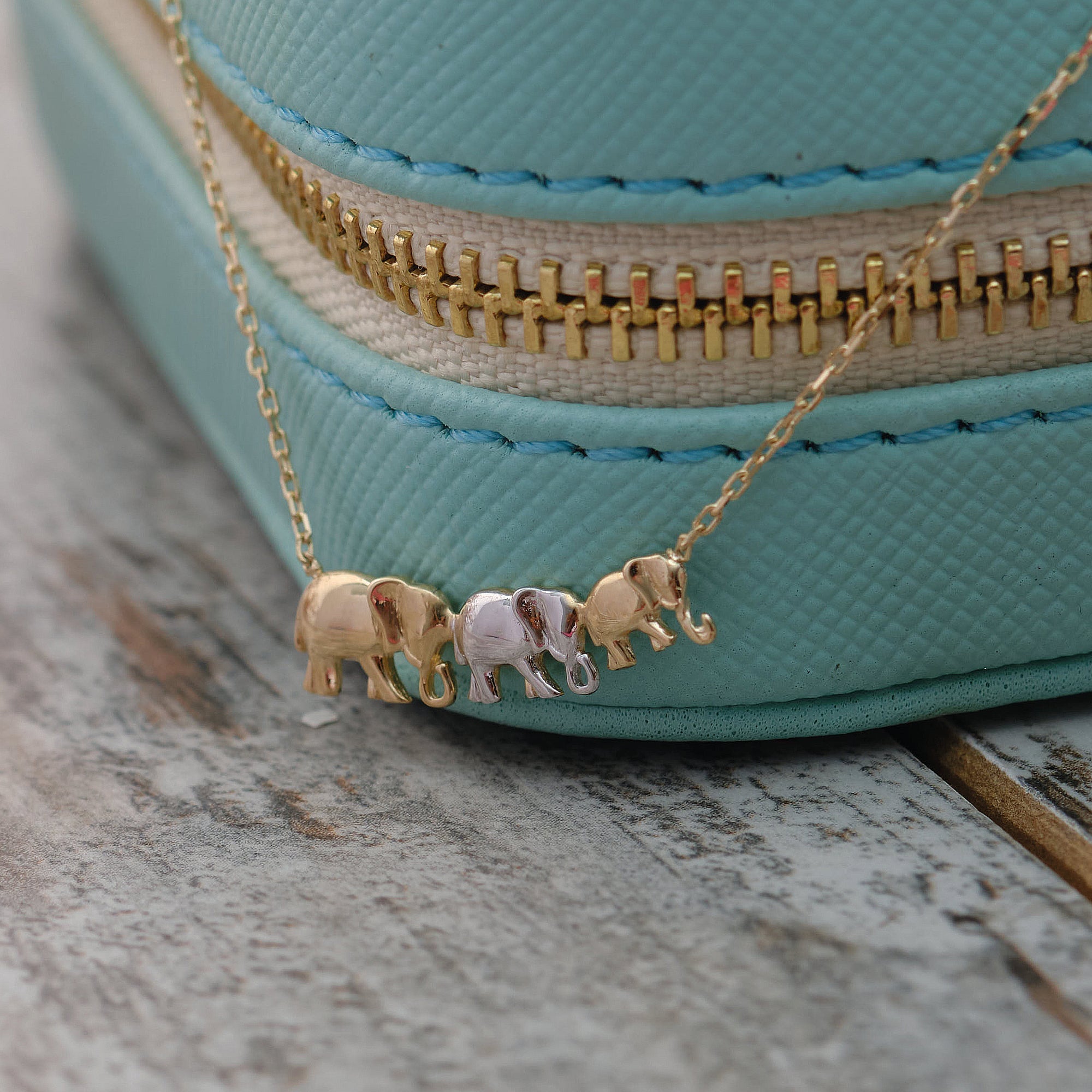 14K Gold Triple Elephant Pendant Necklace