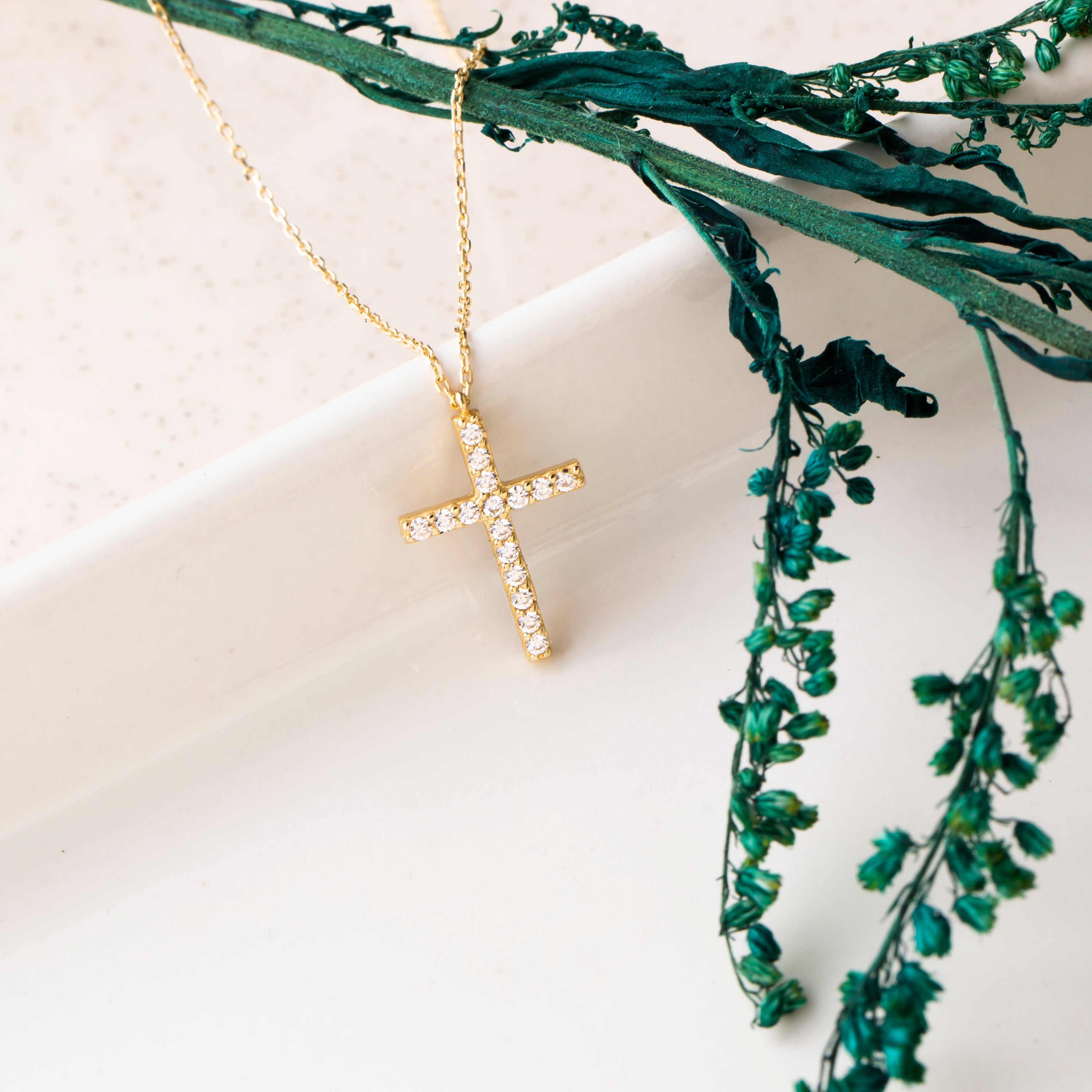 14K Solid Gold Small CZ Cross Pendant Necklace