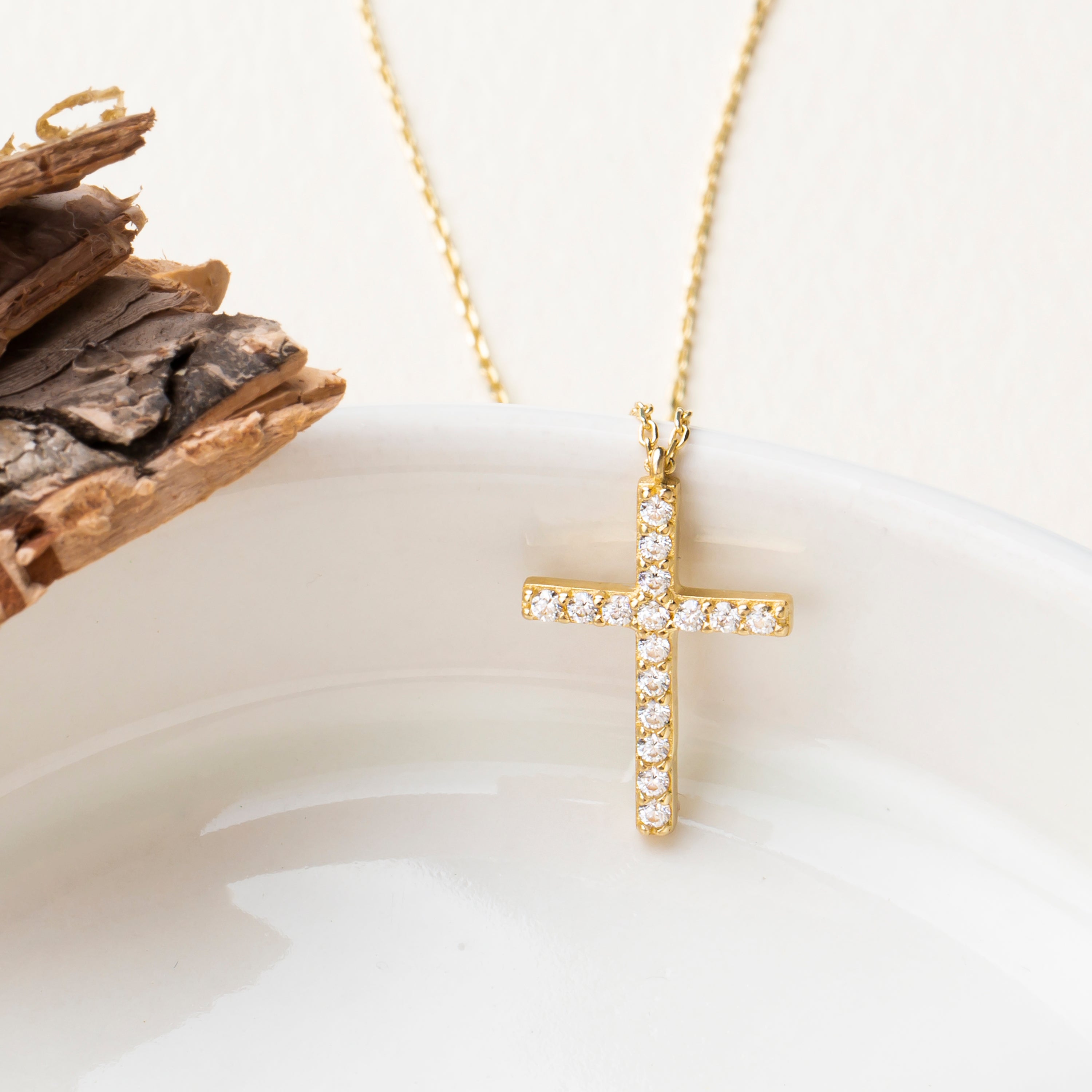 14K Solid Gold Small CZ Cross Pendant Necklace