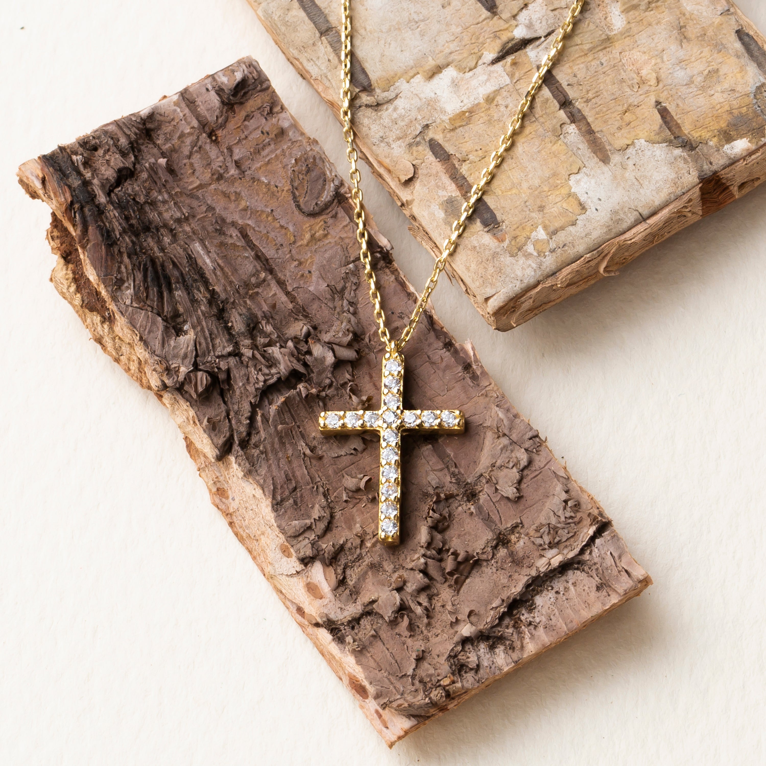 14K Solid Gold Small CZ Cross Pendant Necklace