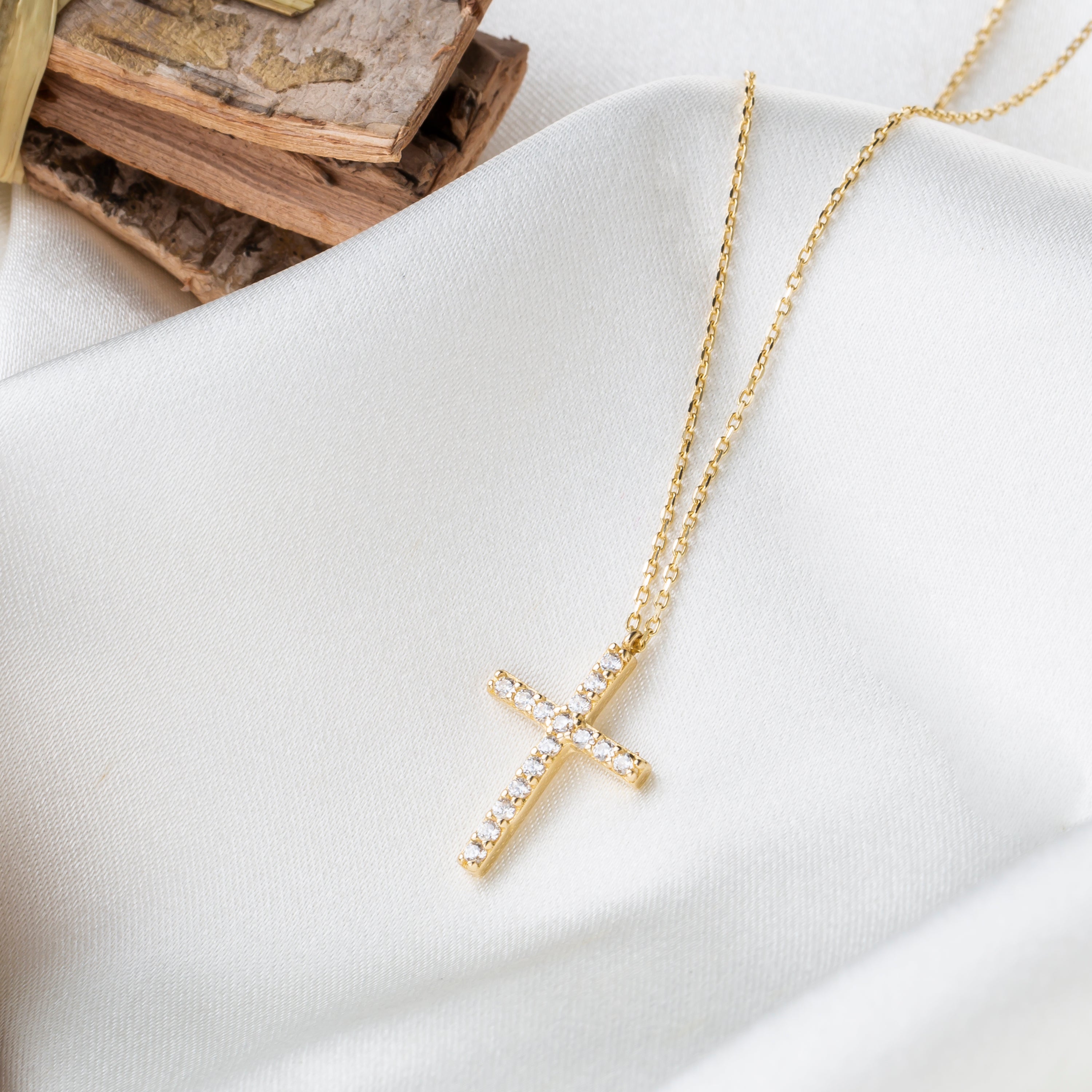 14K Solid Gold Small CZ Cross Pendant Necklace