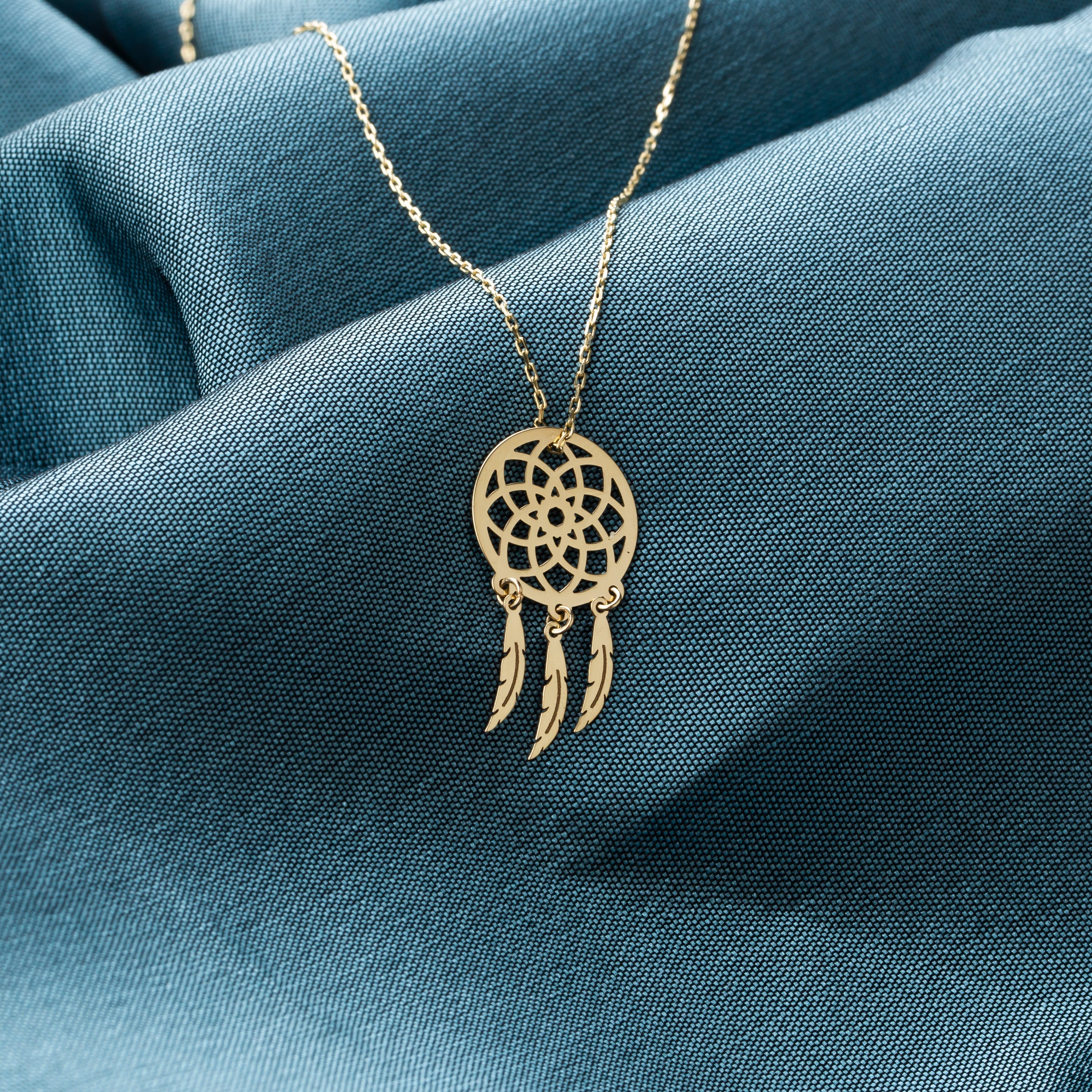 14K Solid Gold Dreamcatcher Pendant Necklace