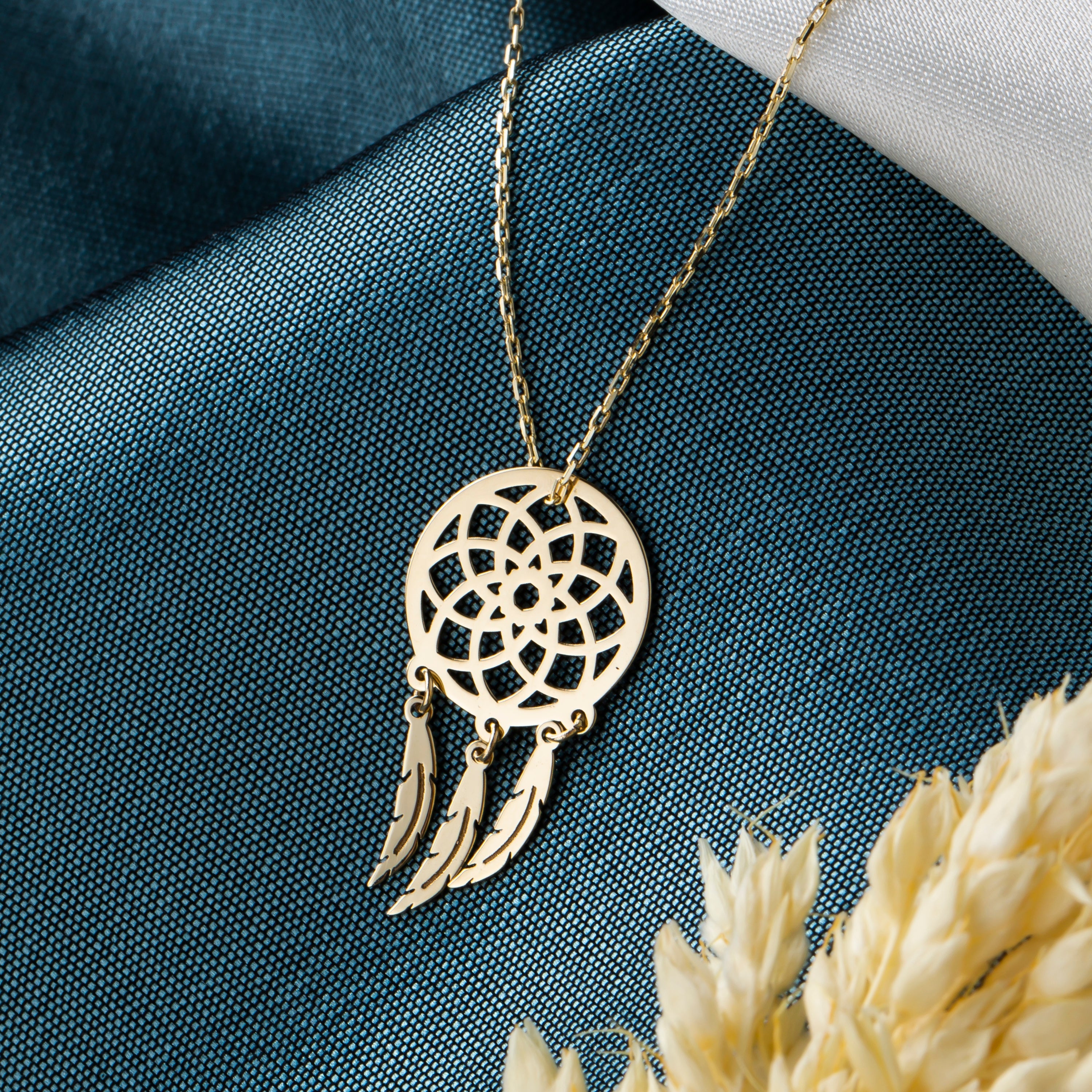 14K Solid Gold Dreamcatcher Pendant Necklace