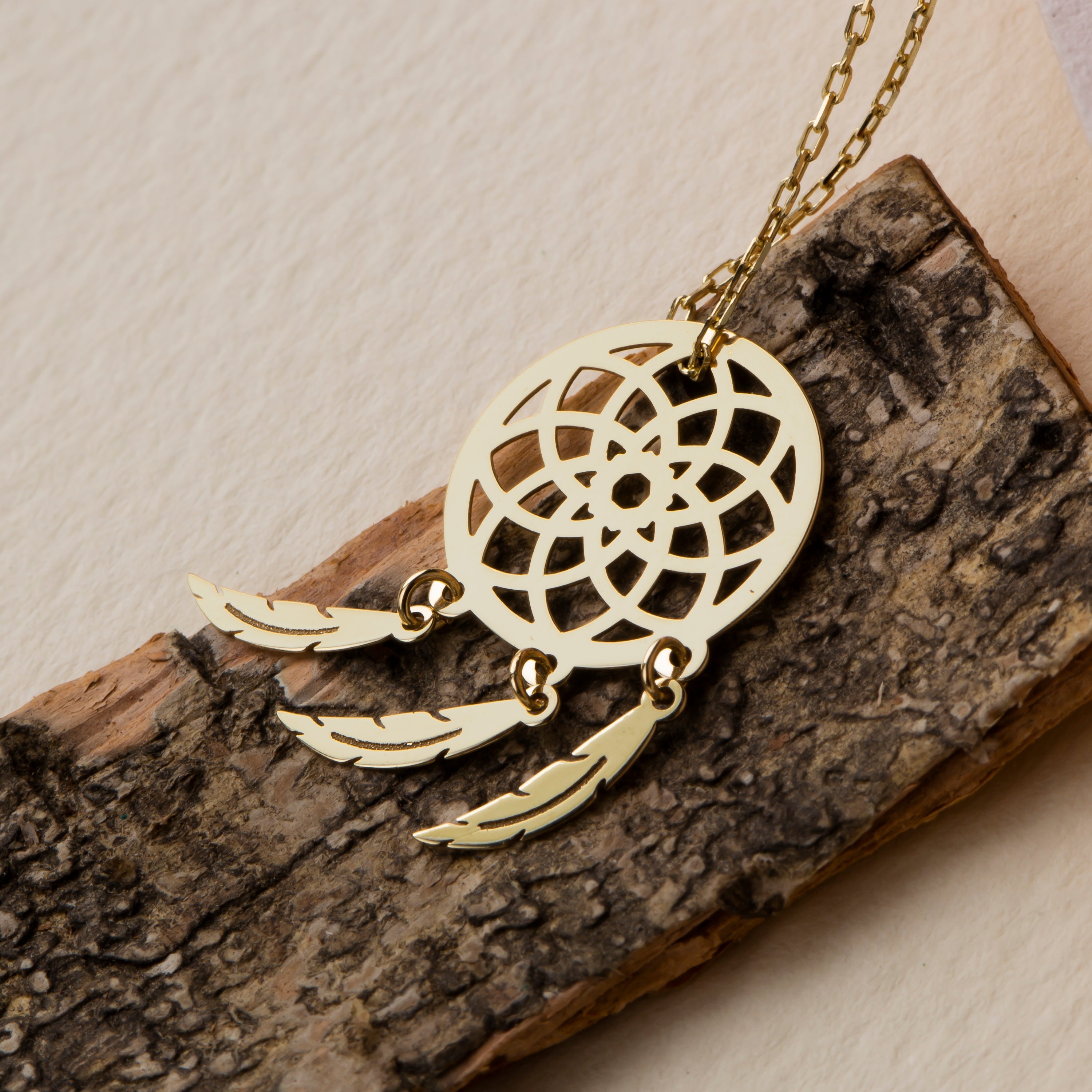 14K Solid Gold Dreamcatcher Pendant Necklace