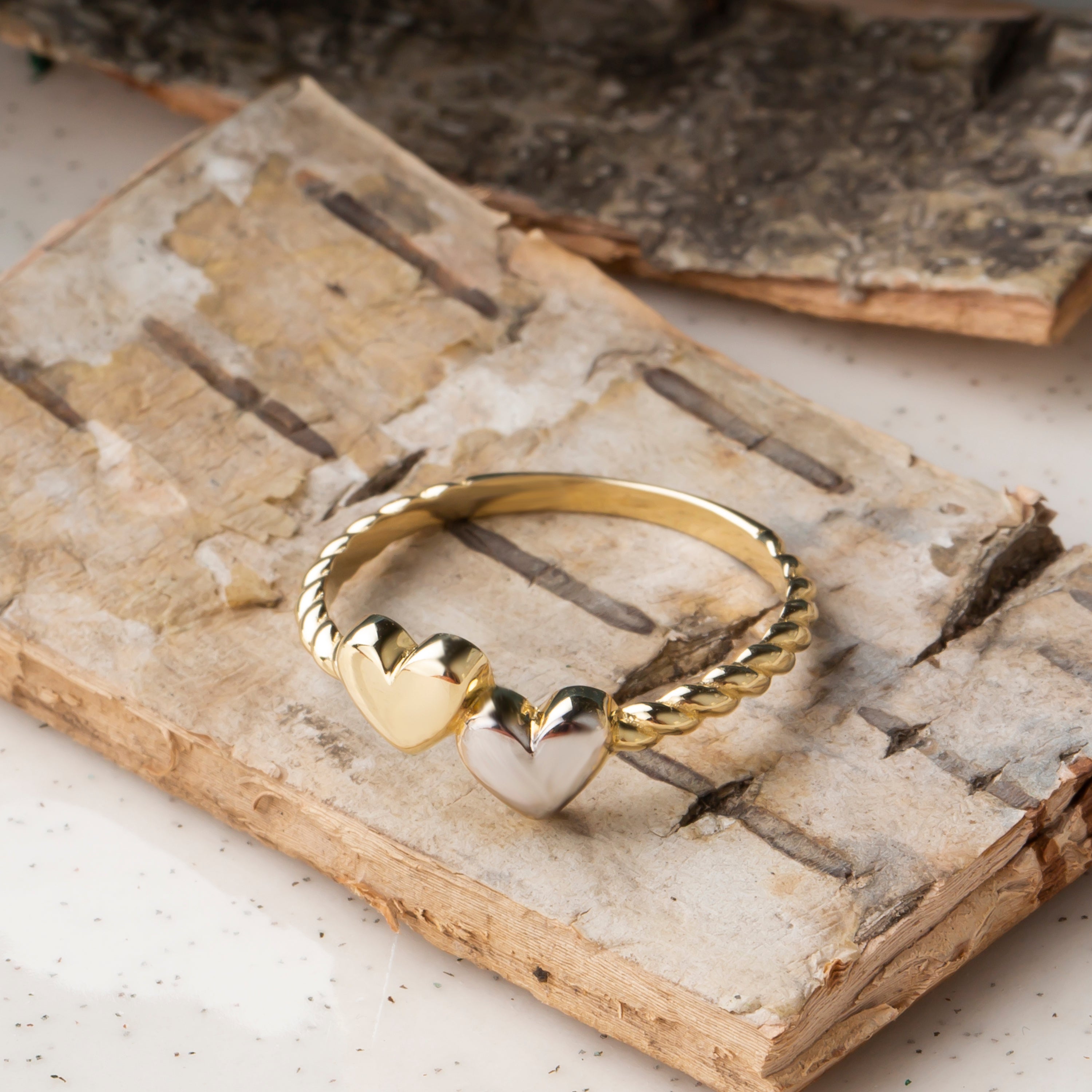 14K Two-Tone Gold Double Heart Ring – Yellow & White Gold Love Band