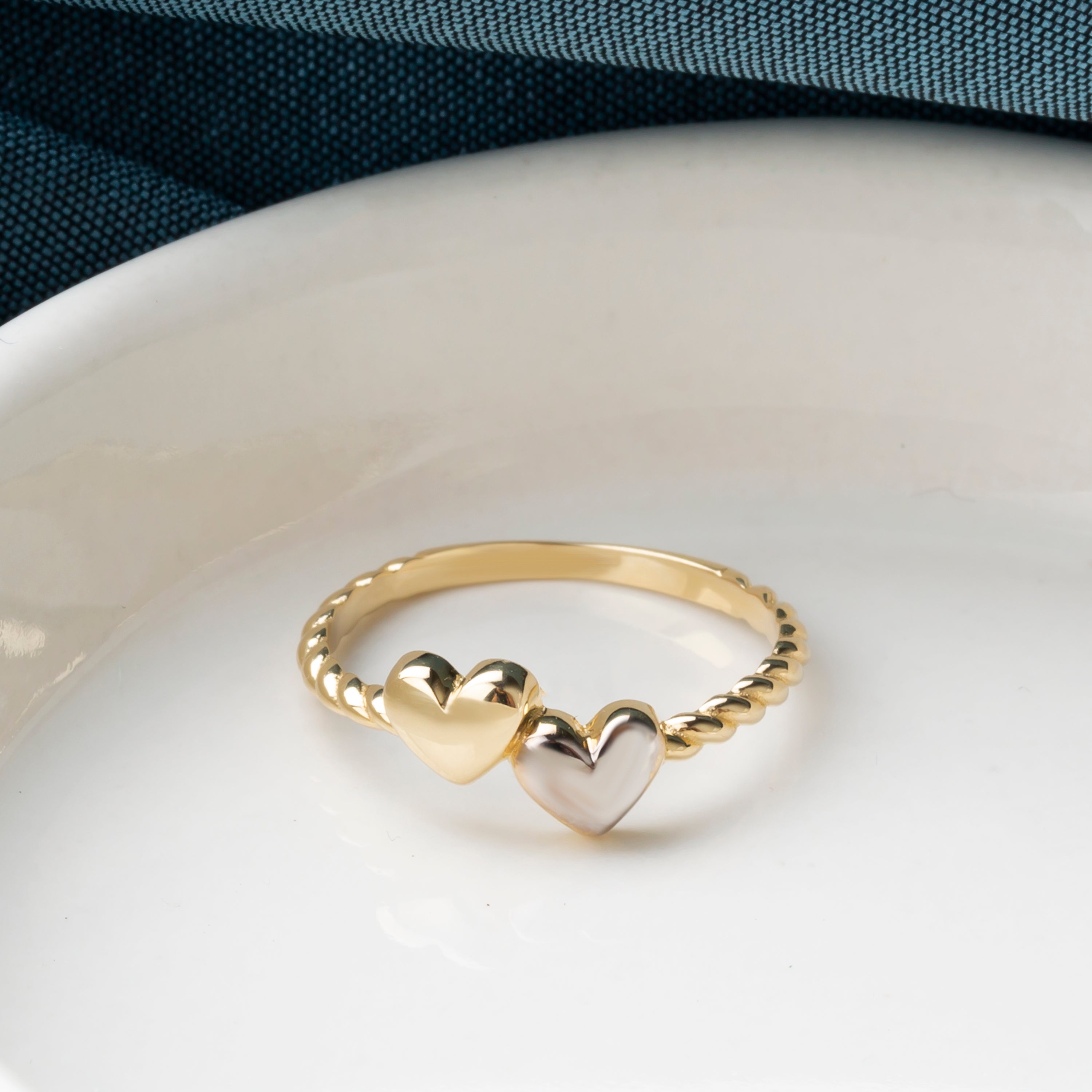 14K Two-Tone Gold Double Heart Ring – Yellow & White Gold Love Band