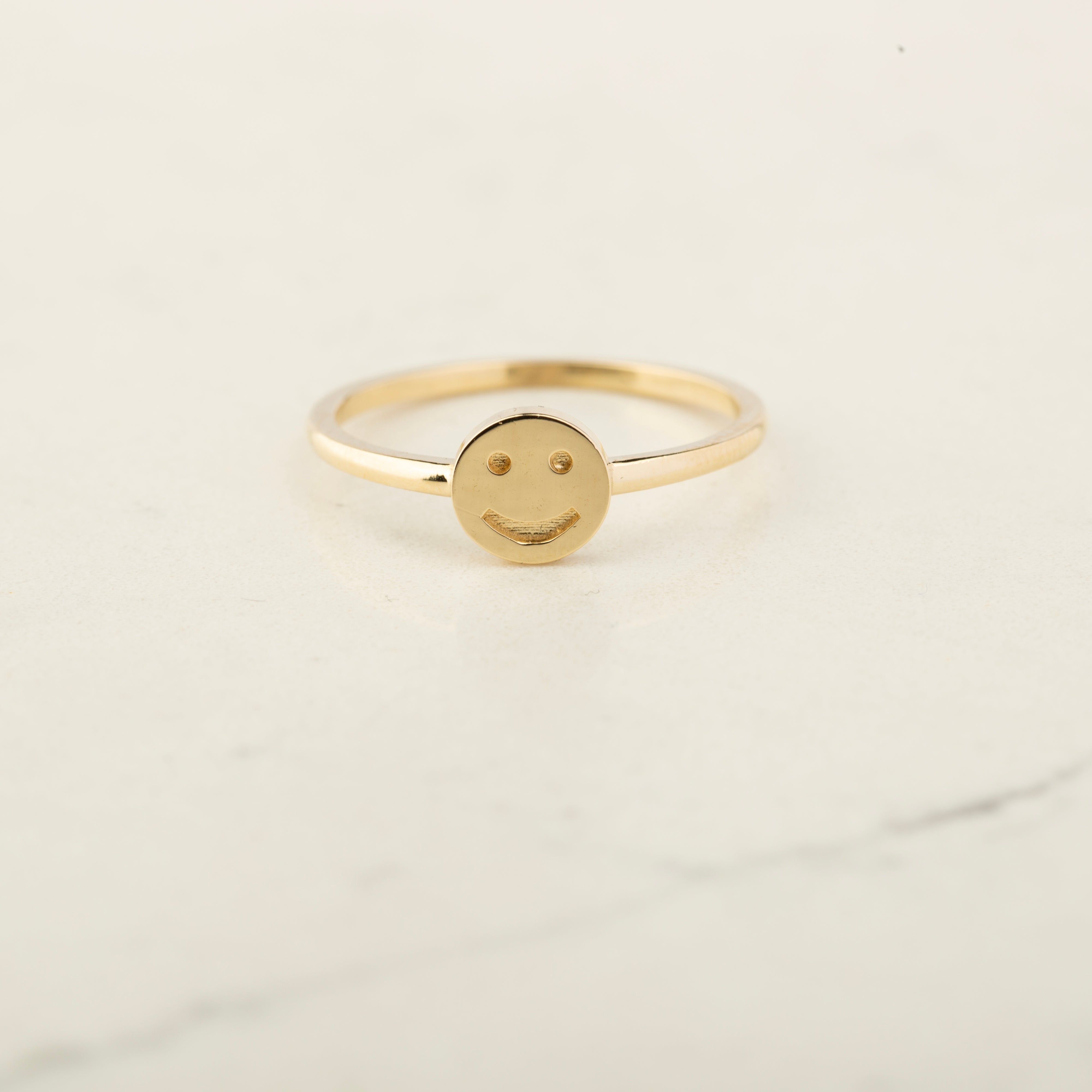 14K Solid Gold Smiley Face Signet Ring