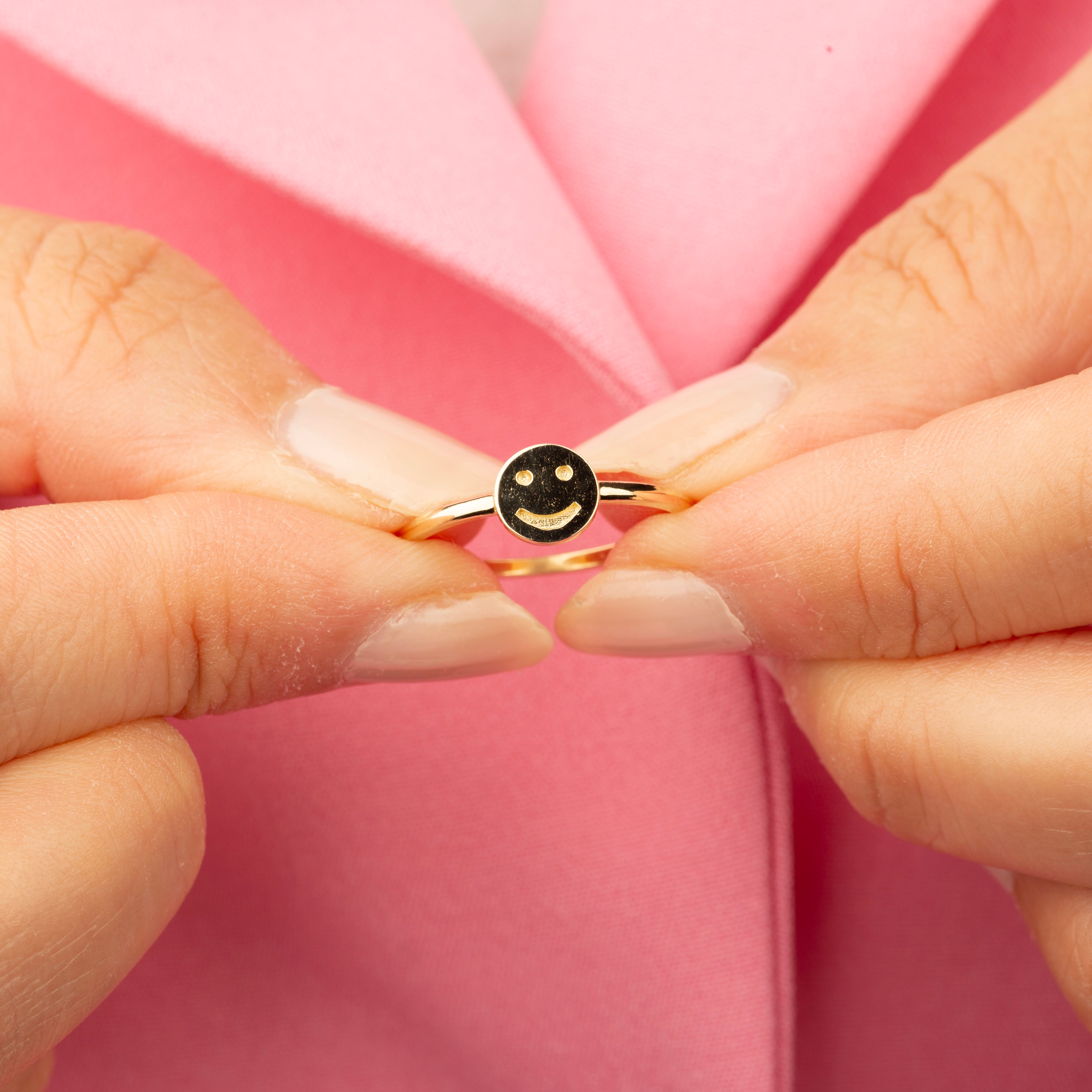 14K Solid Gold Smiley Face Signet Ring