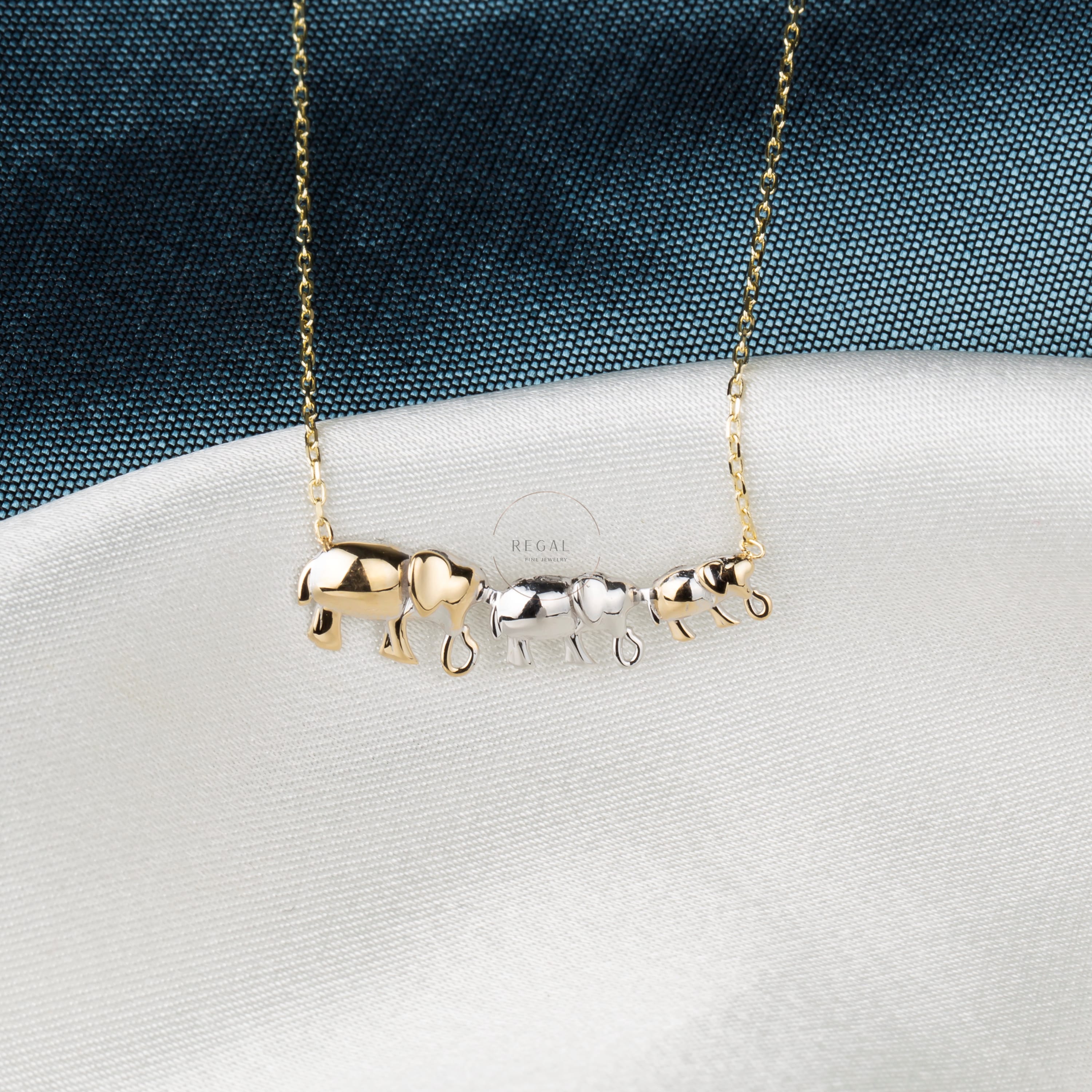 14K Gold Triple Elephant Pendant Necklace