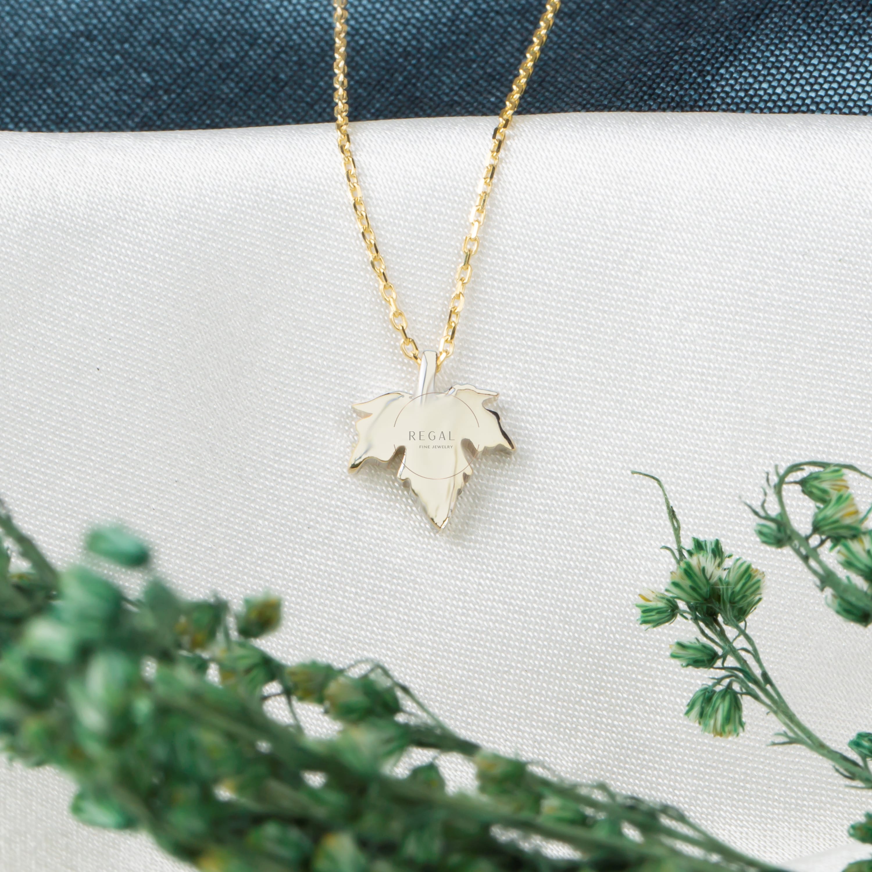 14K Solid Gold Maple Leaf Pendant Necklace