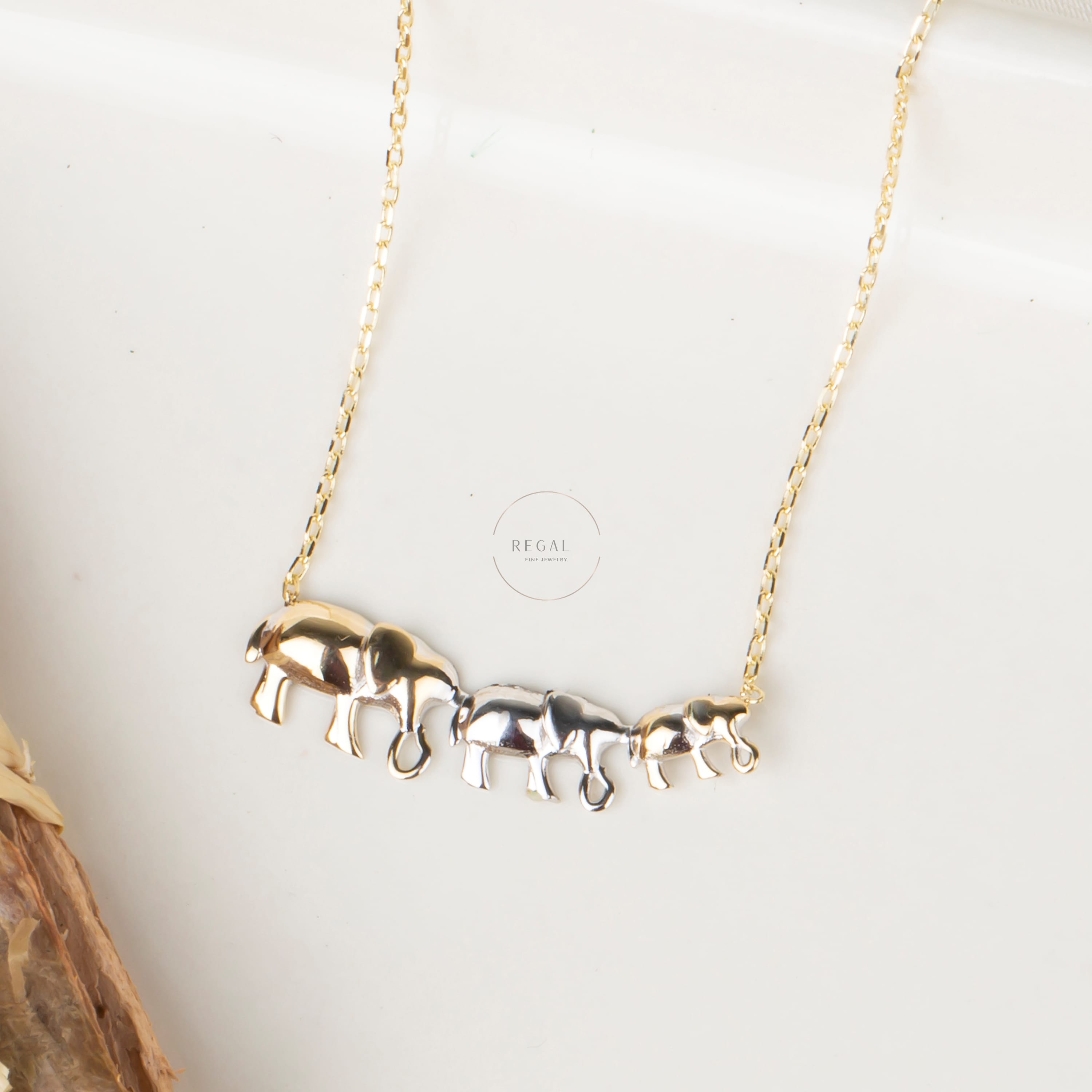 14K Gold Triple Elephant Pendant Necklace