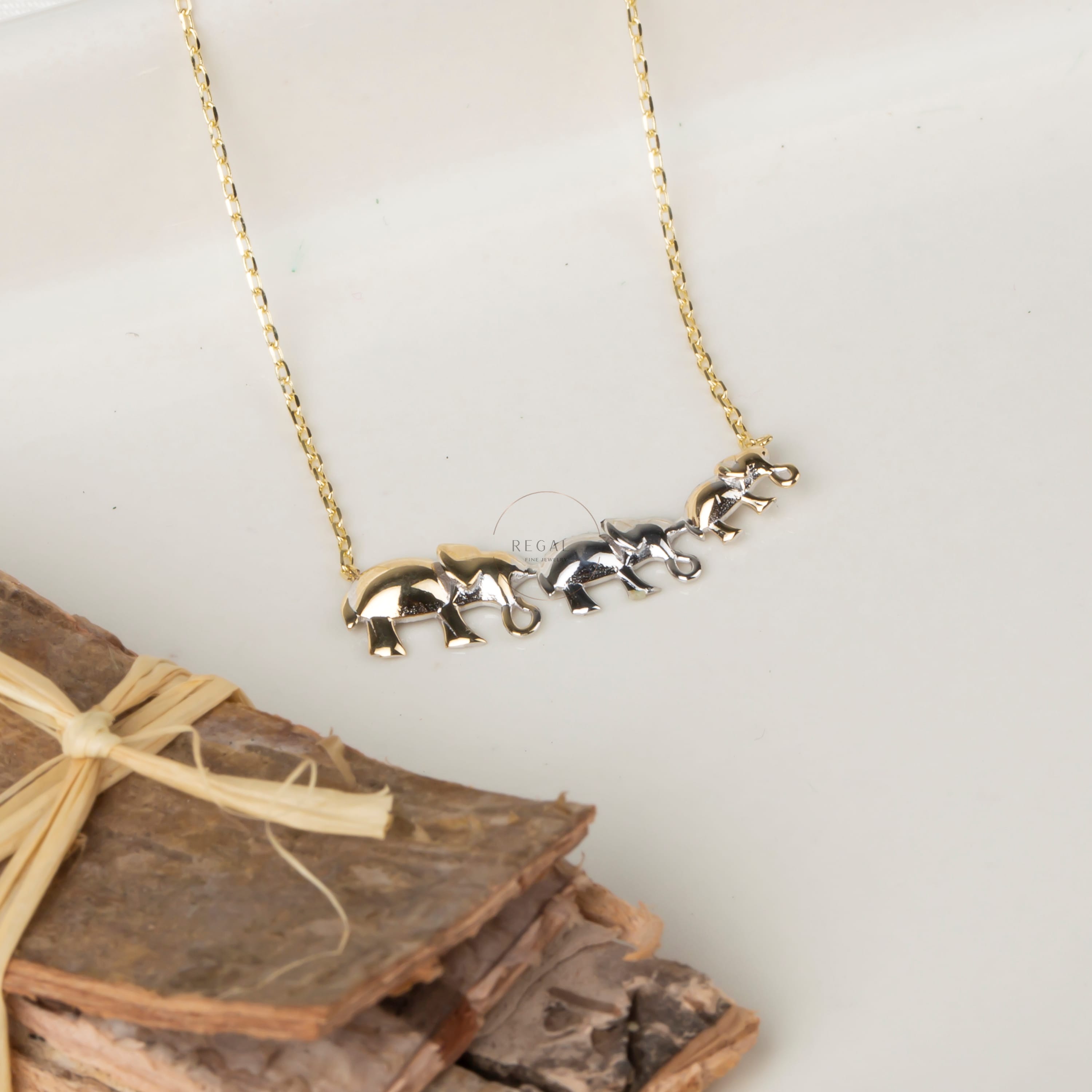 14K Gold Triple Elephant Pendant Necklace