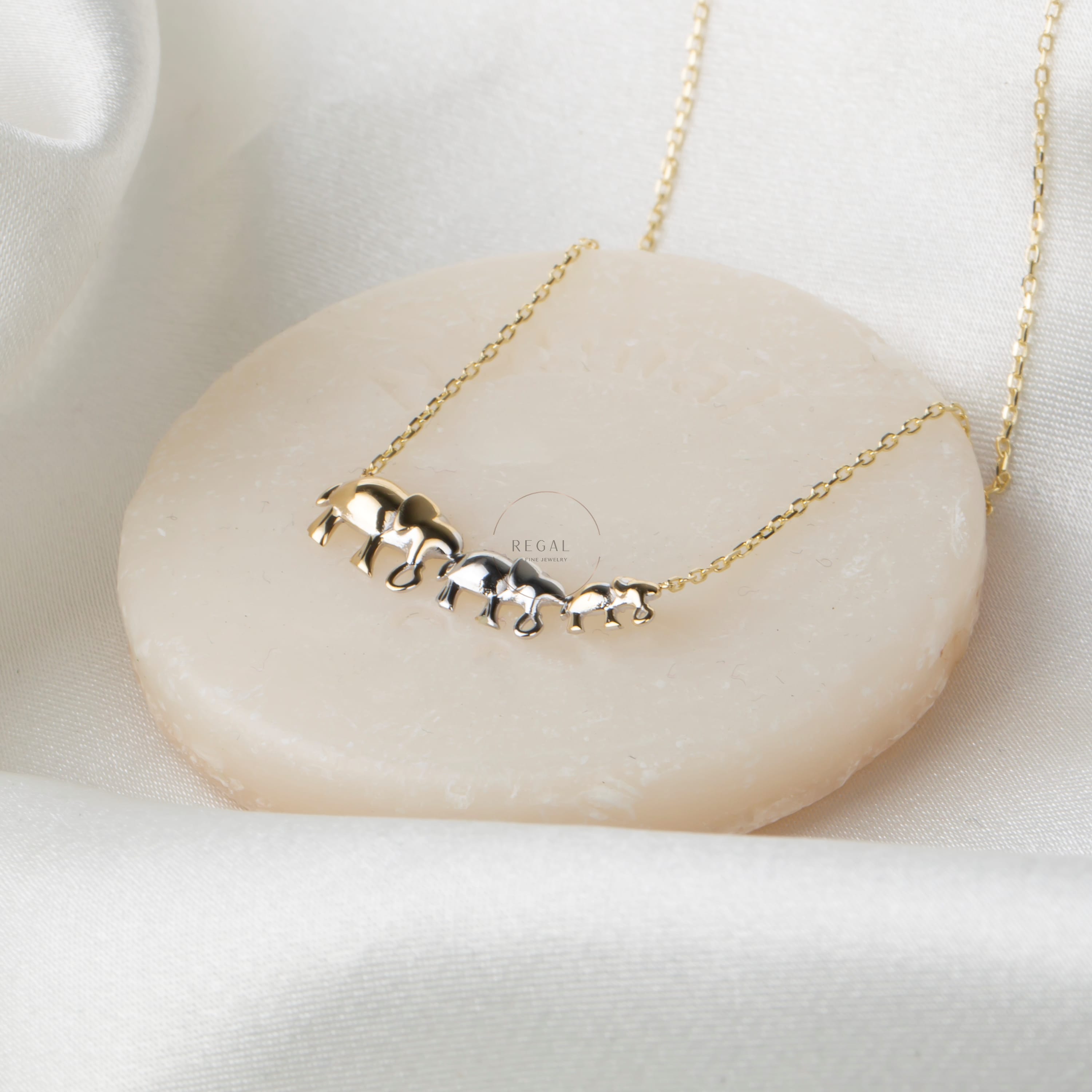 14K Gold Triple Elephant Pendant Necklace