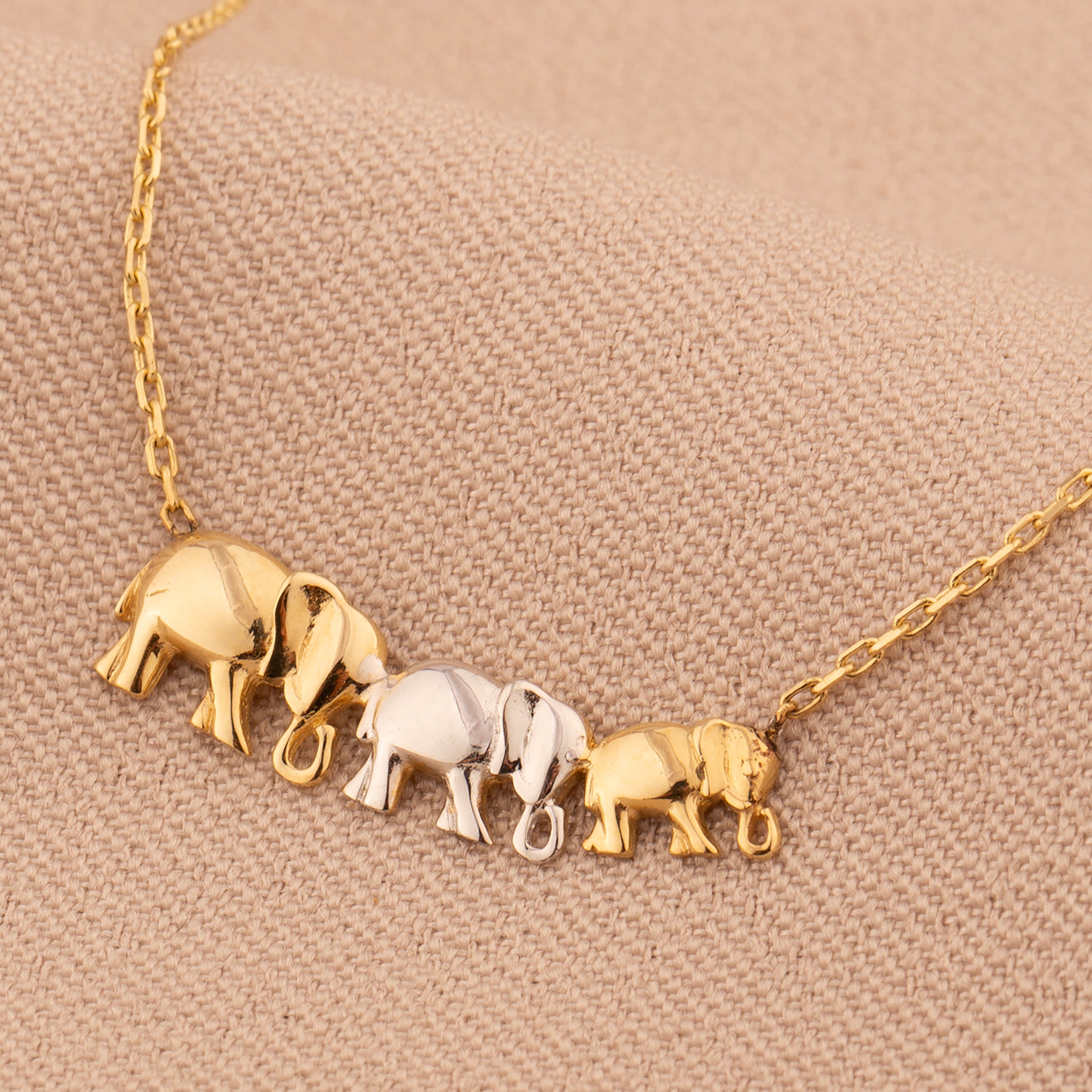 14K Gold Triple Elephant Pendant Necklace