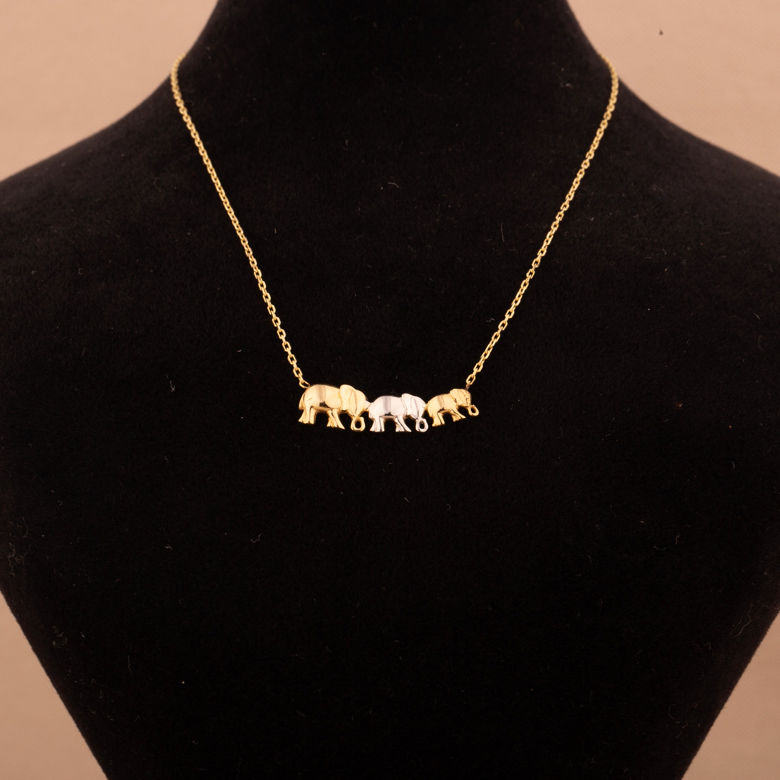 14K Gold Triple Elephant Pendant Necklace