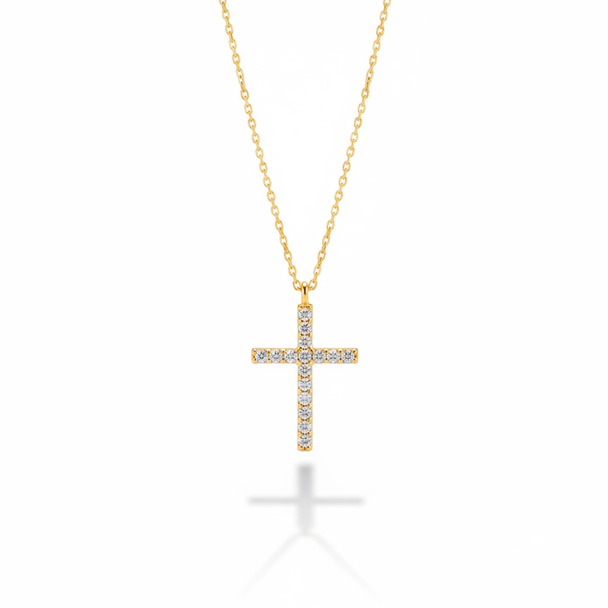 14K Solid Gold Small CZ Cross Pendant Necklace