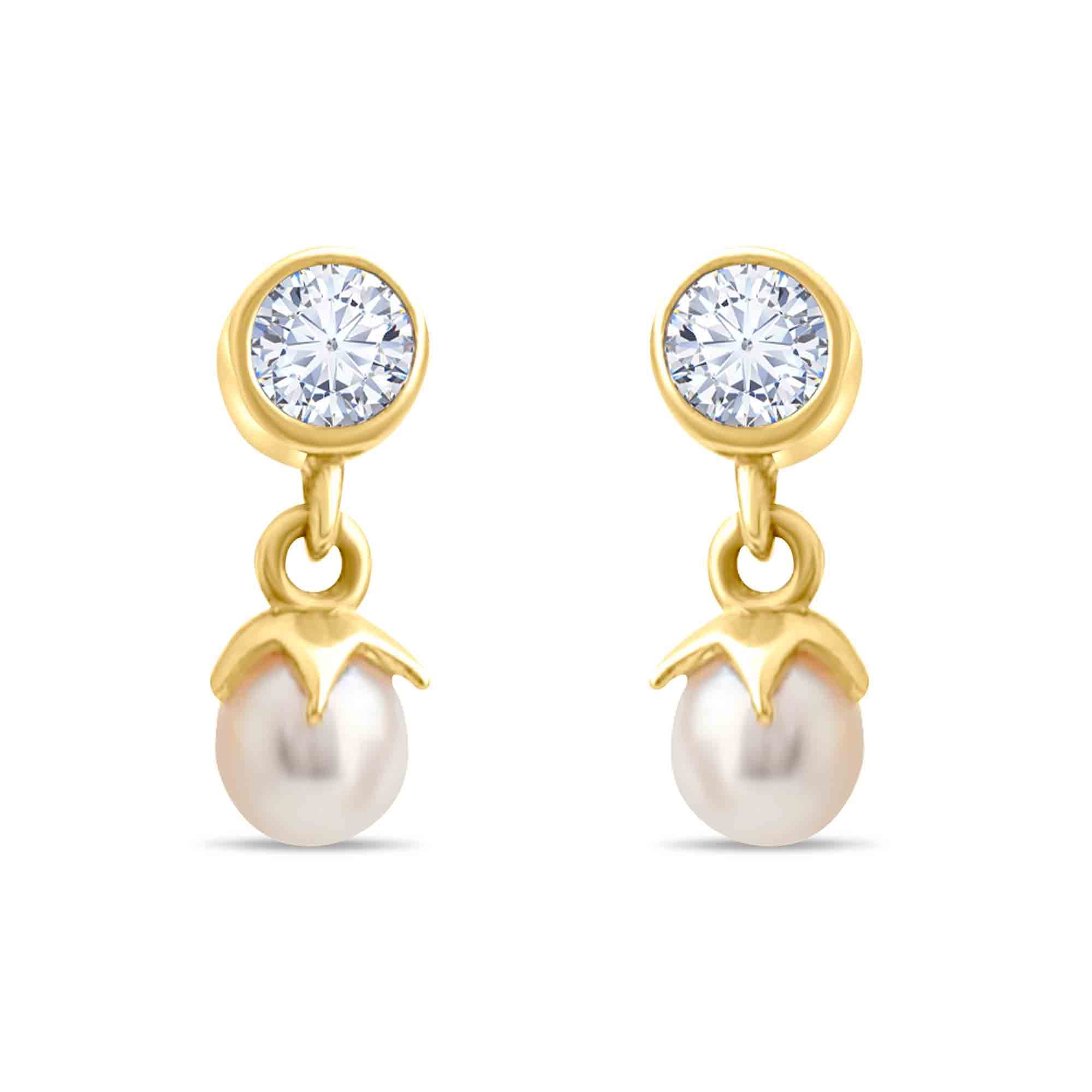 14k Gold piercing with pearls and clear cz gemstones on a white background