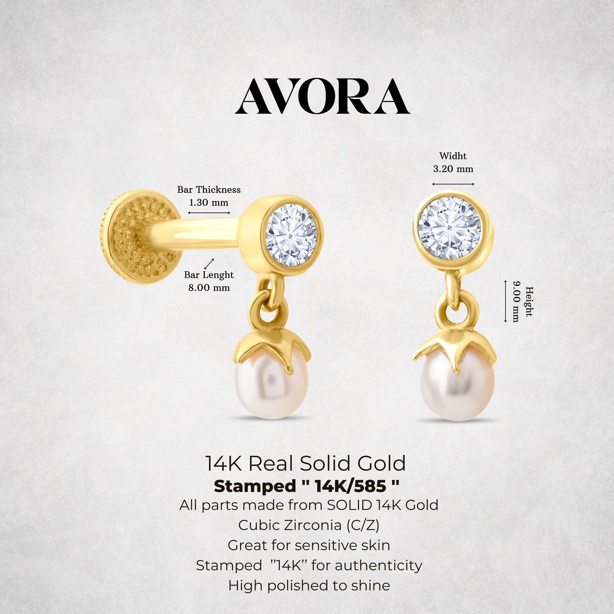 14k Gold piercing with pearls and cz gemstones on a gray background, featuring Avora Fine jewelry branding.