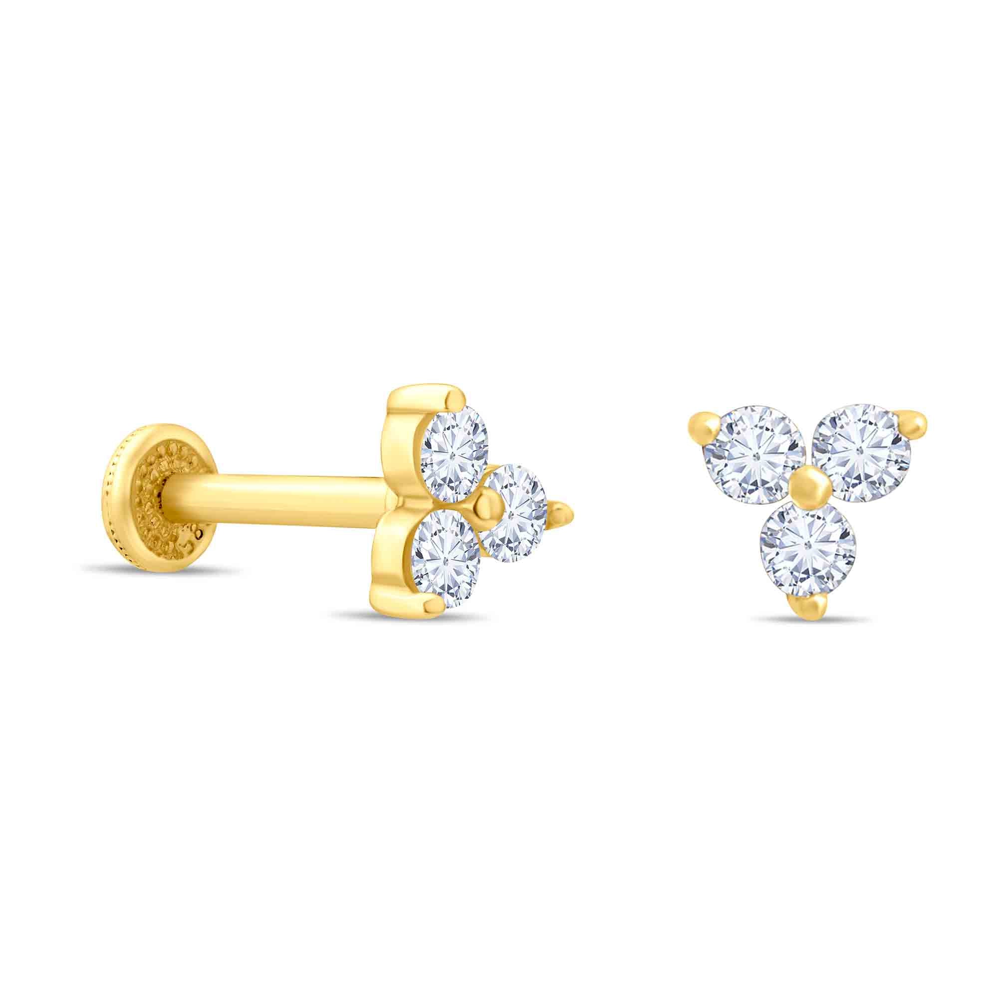 14K solid gold trinity CZ cluster piercings on a white background