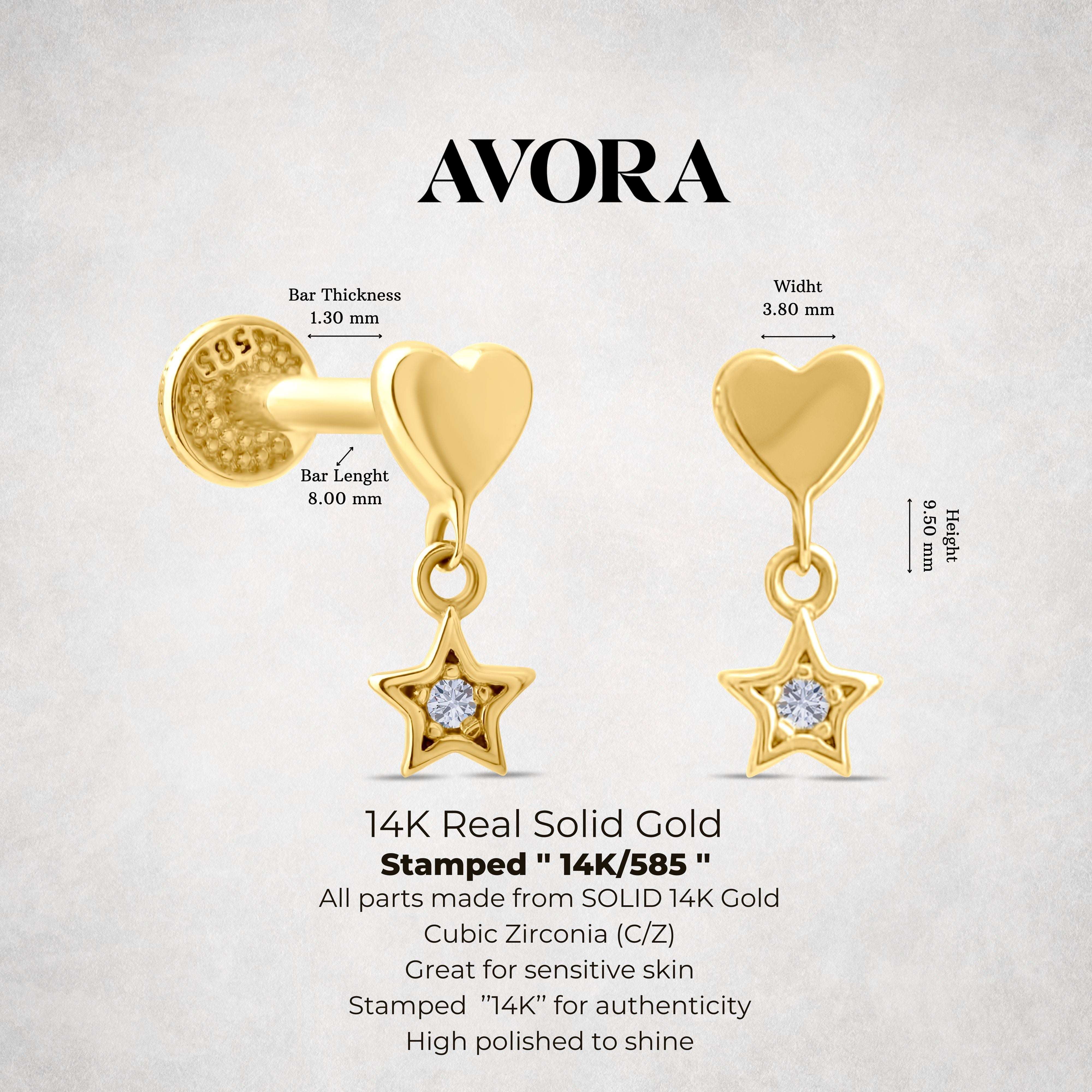 Gold heart and star Piercing with measurements on a gray background, featuring the brand 'Avora Fine Jewelry'.