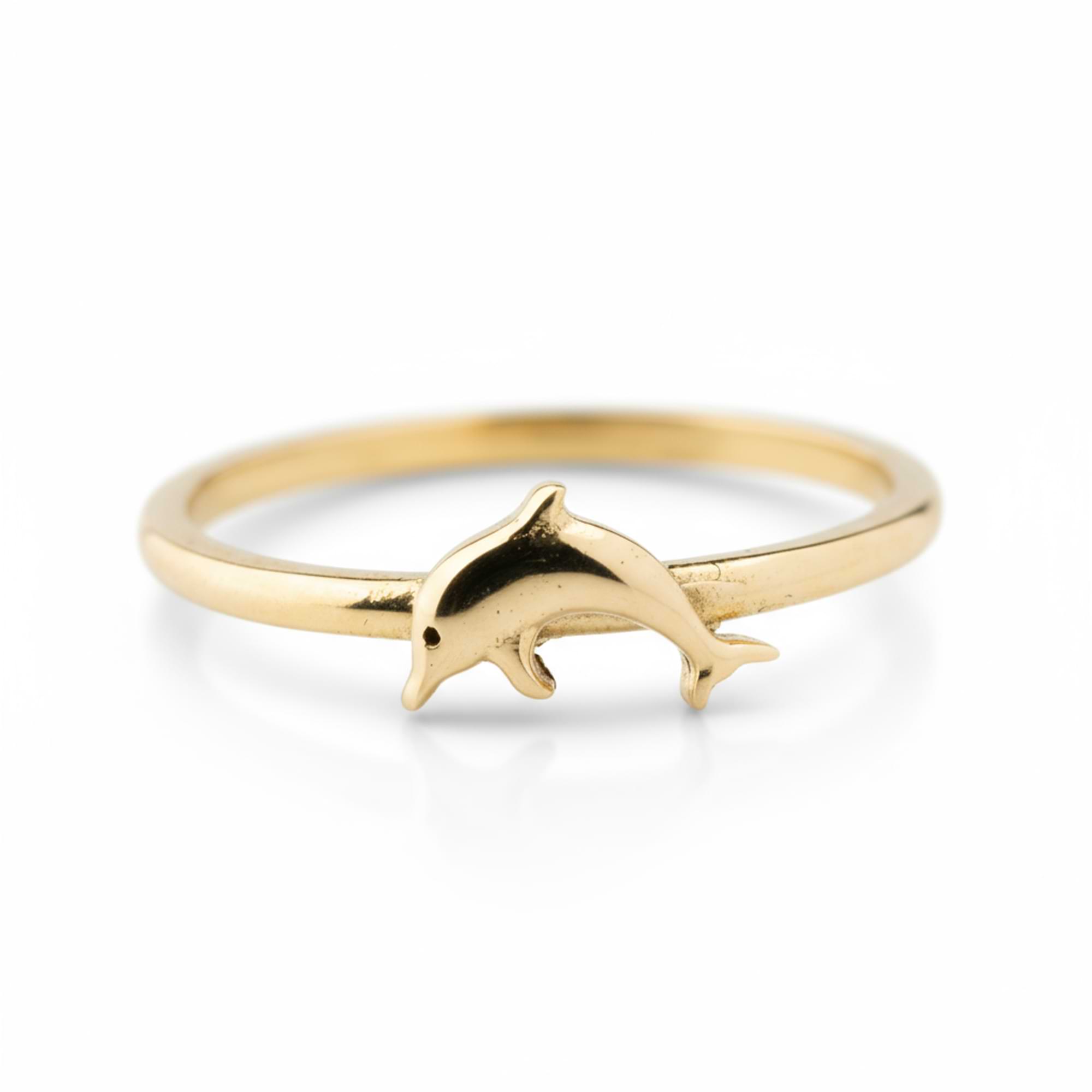 14k Gold ring with a dolphin design on a white background