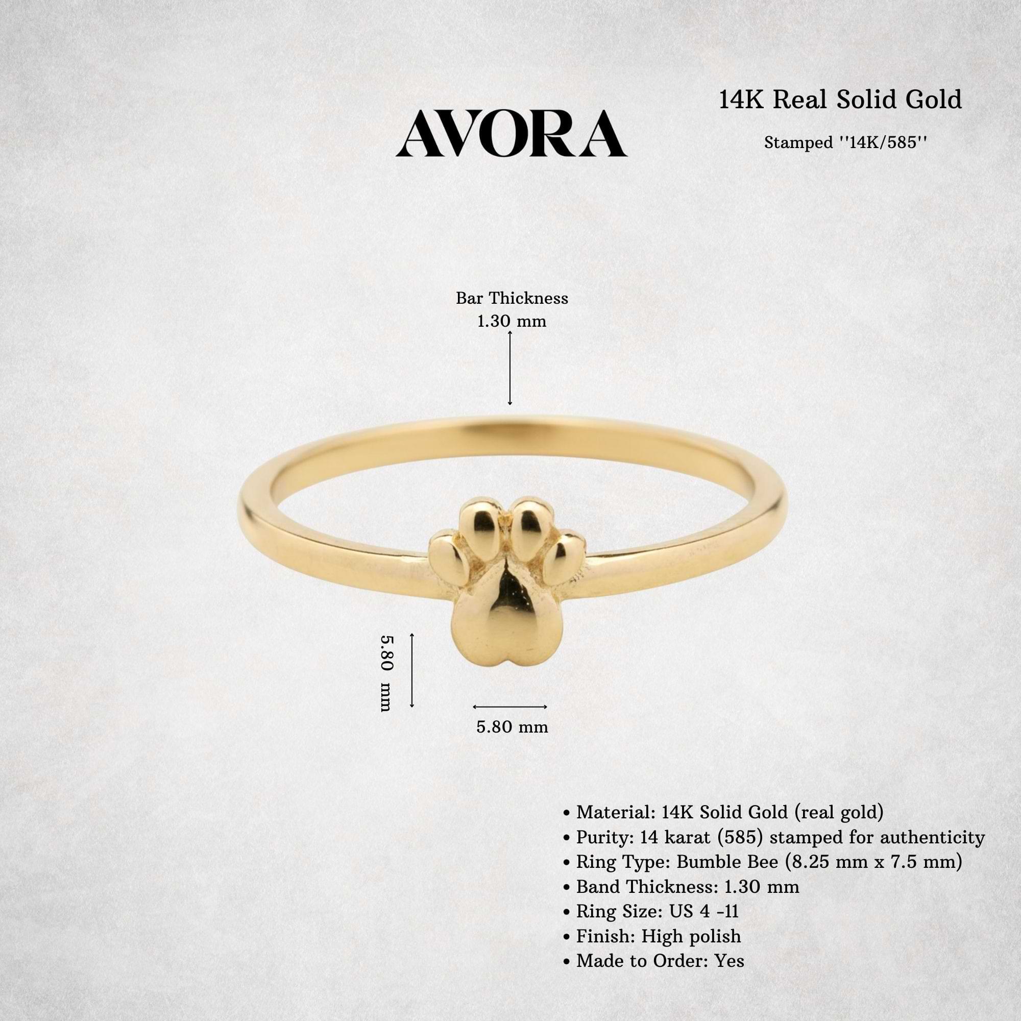 14K Solid Gold Paw Print Ring