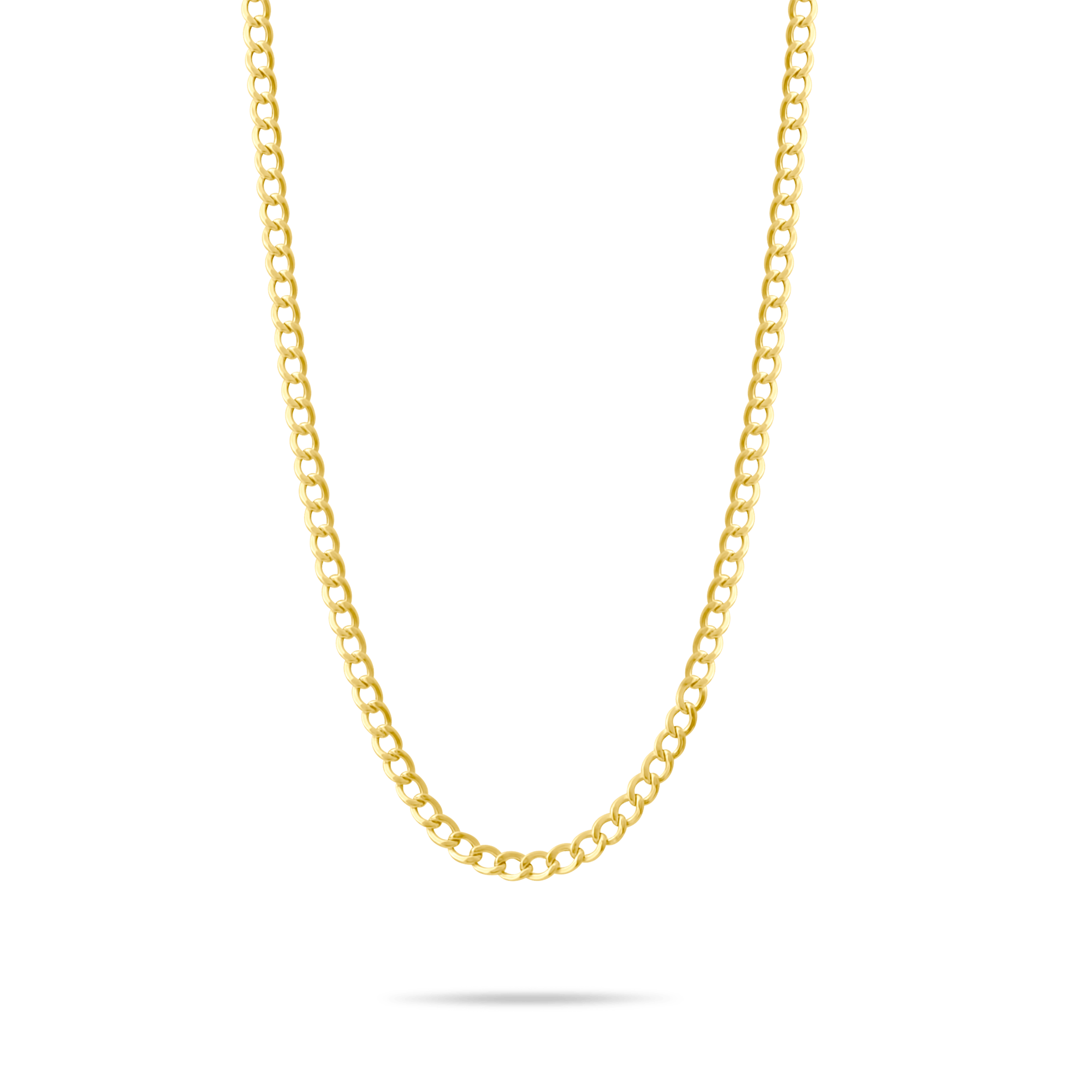 Gold 3.3mm curb chain on a transparent background