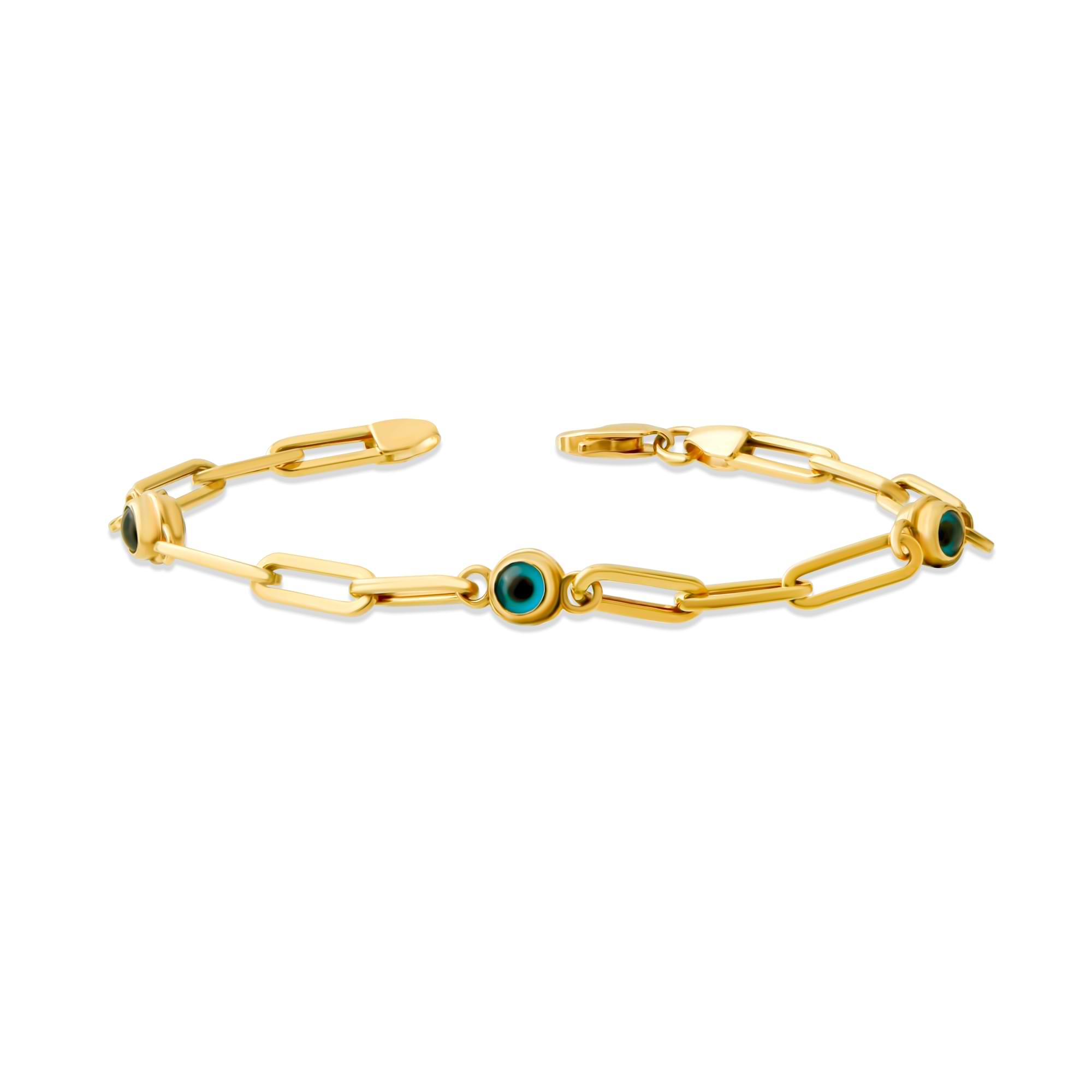 14K Gold Paperclip Evil Eye Charm Bracelet – 4 mm, 6-7.5 in
