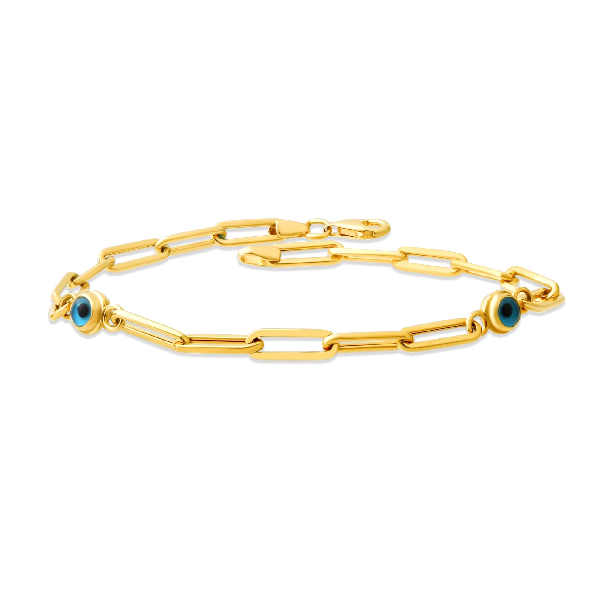 14K Gold Paperclip Evil Eye Charm Bracelet – 4 mm, 6-7.5 in