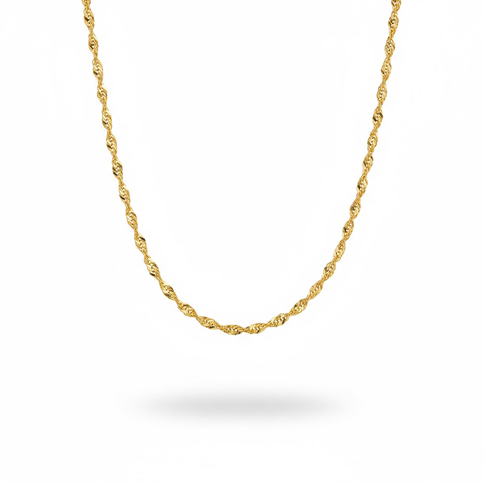14k Gold 3.8mm Singapore chain necklace on a white background