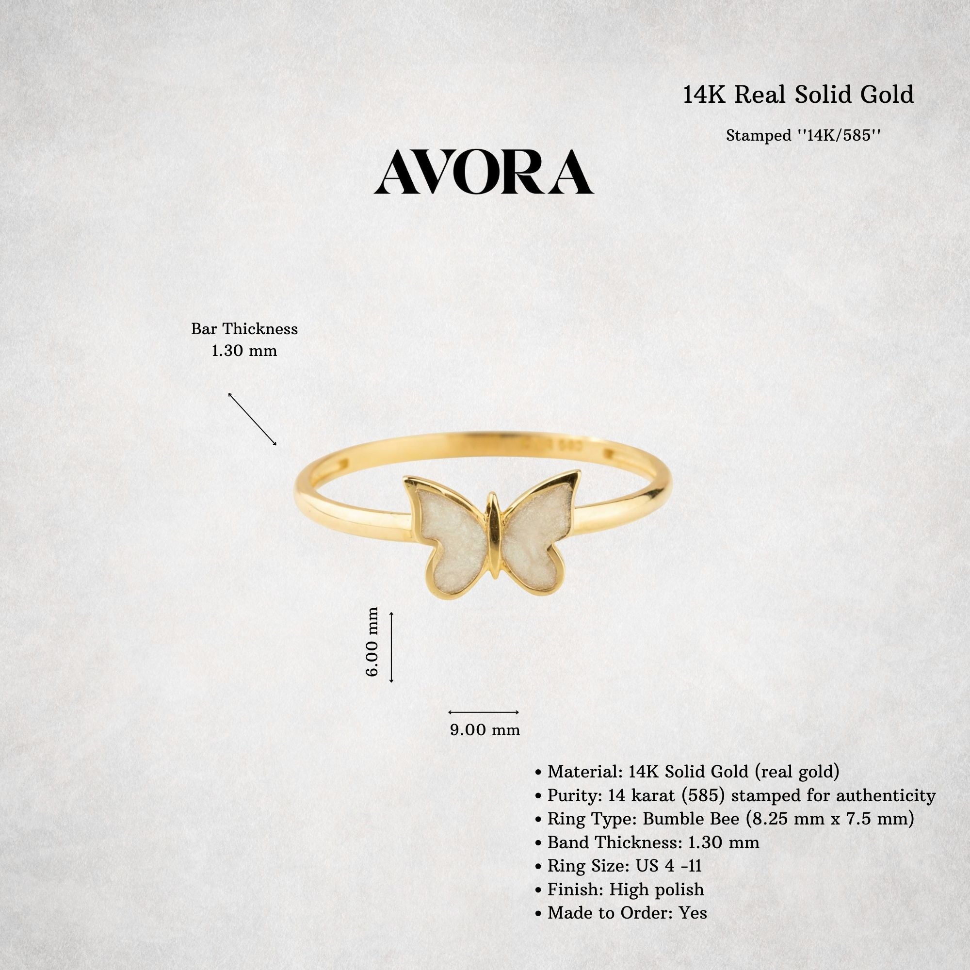 14k Gold White Butterfly Ring