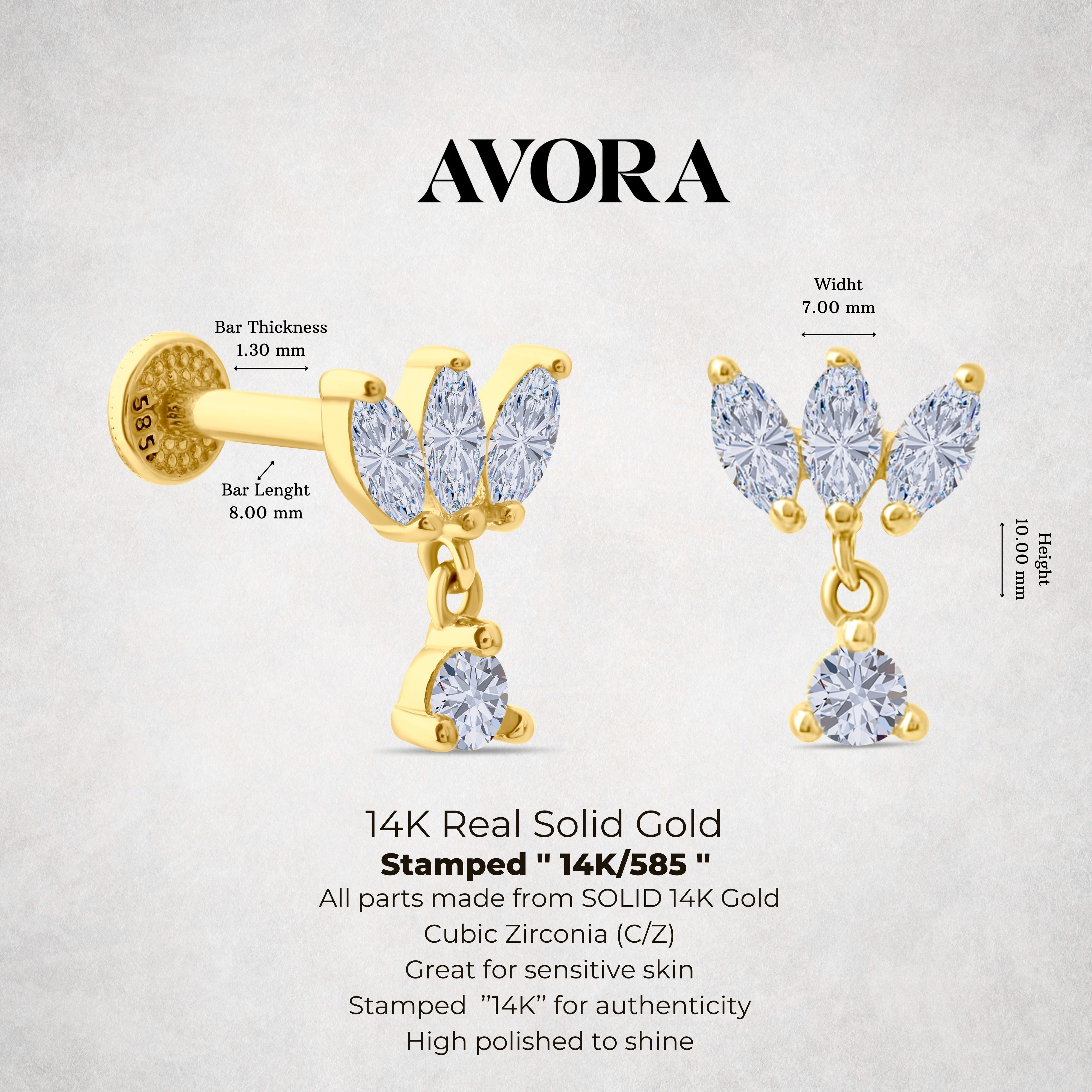 14k Gold Marquise Dangle Tragus Piercing  background, featuring 'Avora Fine Jewelry' branding.