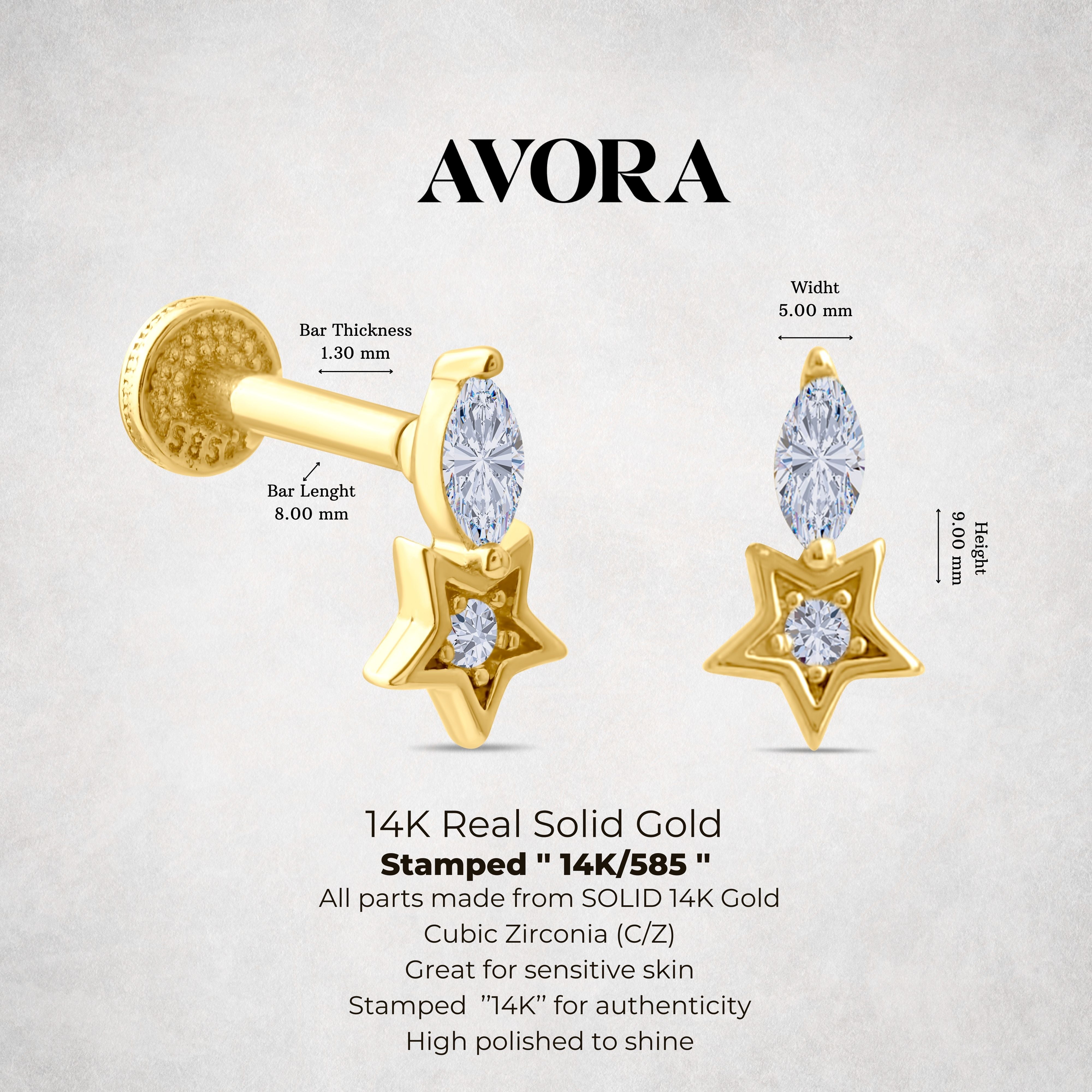 Gold star-shaped Piercing with clear CZ stones on a gray background, featuring Avora Fine jewelry branding.