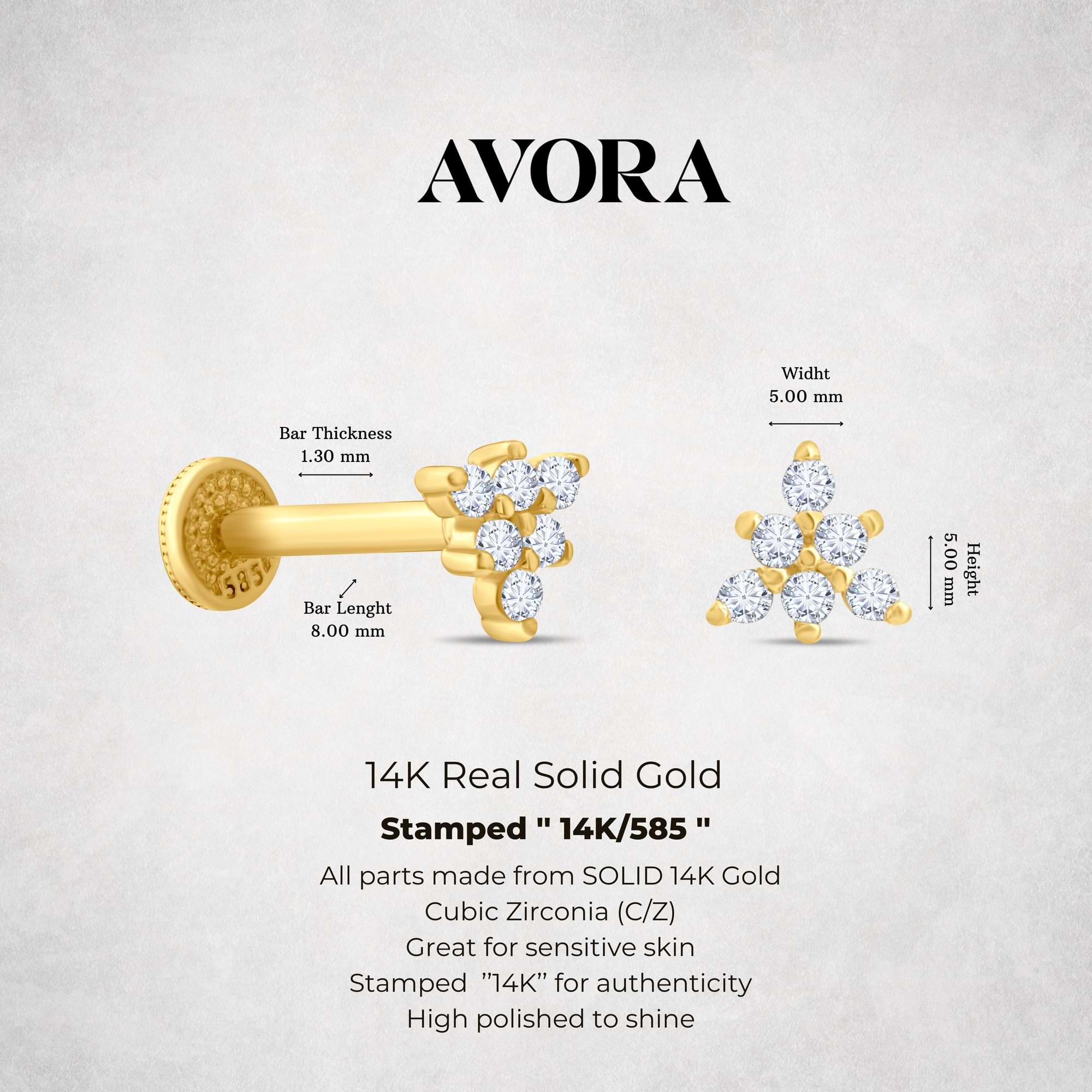 14K Solid Gold Floral Triangle CZ Cluster Piercing  gray background, featuring 'Abora Fine Jewelry' jewelry branding.