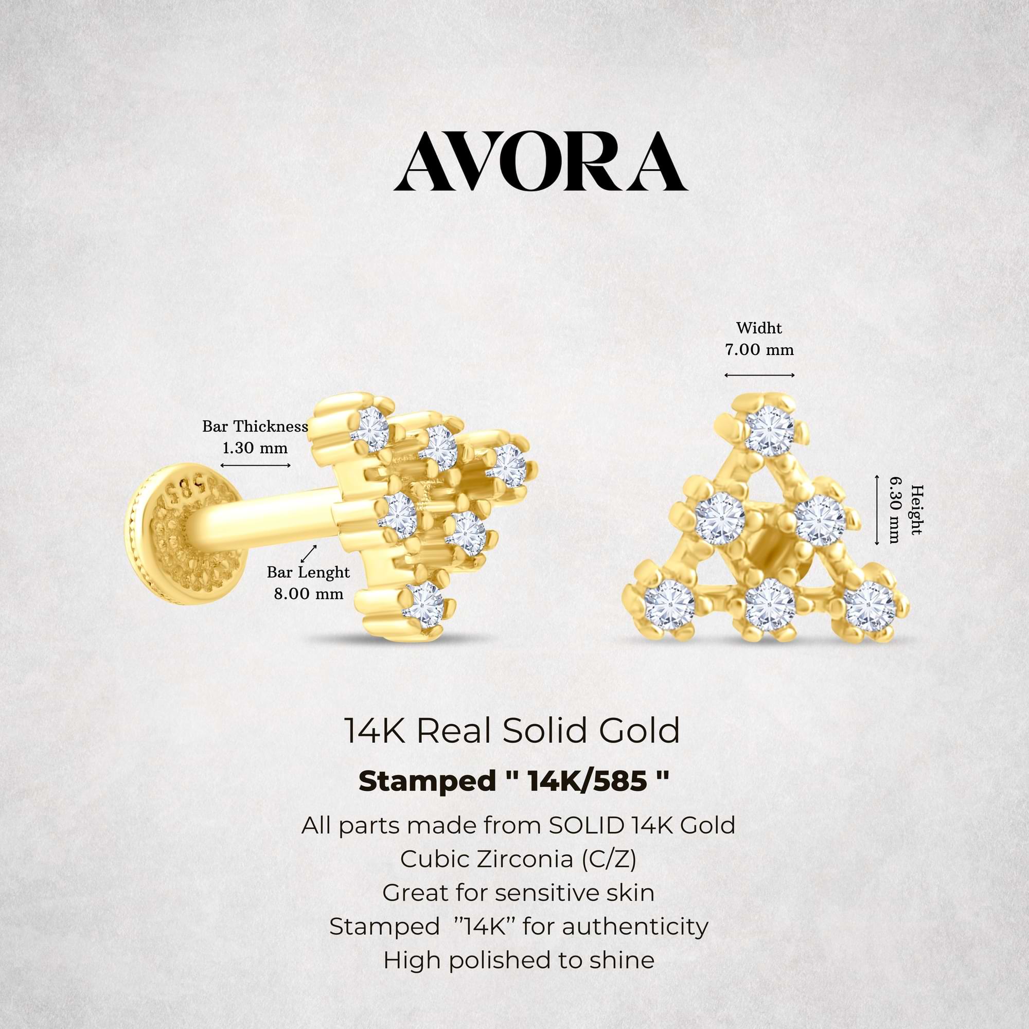 14K solid gold triangle CZ cluster tragus piercing on a gray background, featuring 'Avora Fine Jewelry' branding.