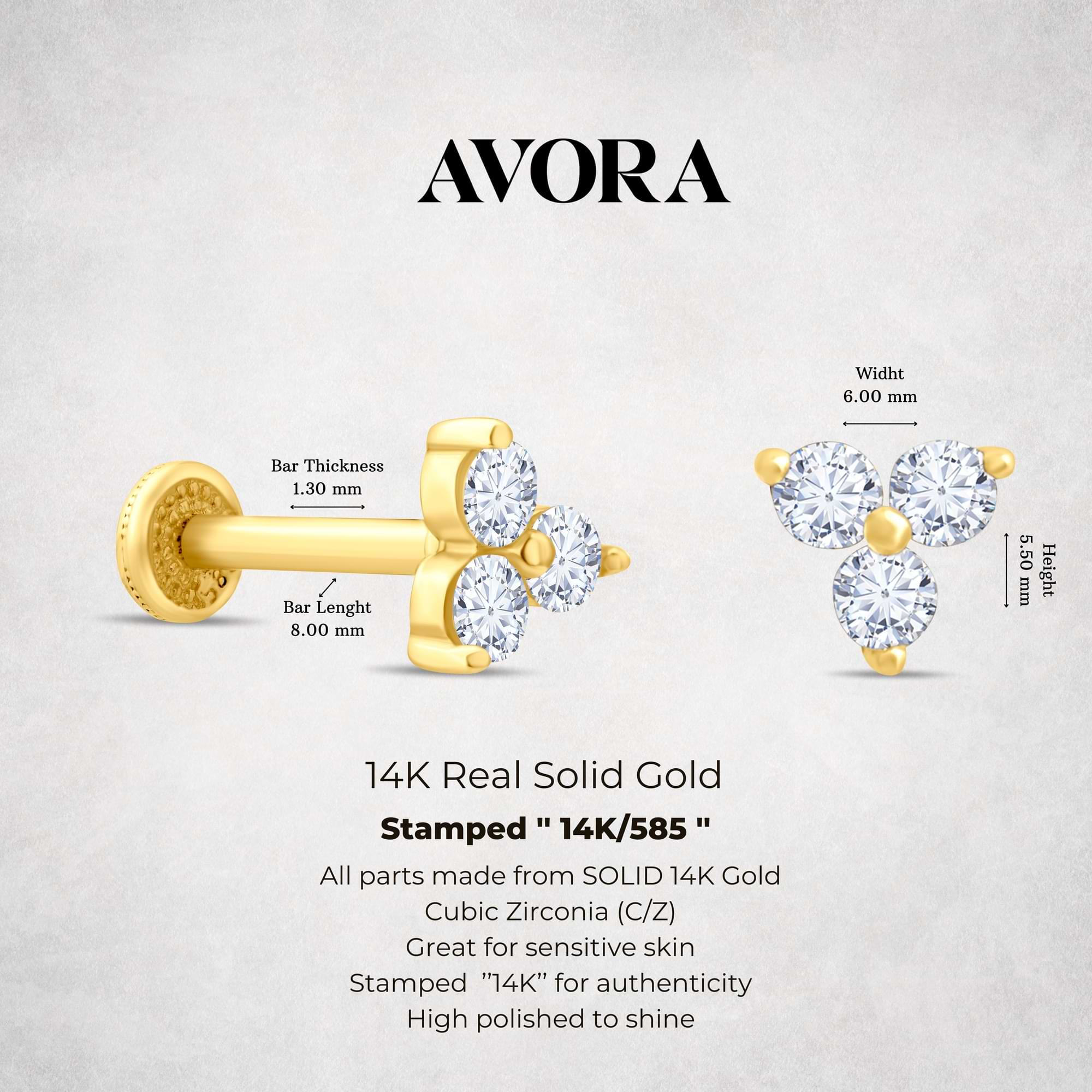 14K solid gold trinity cluster piercings  clear cz stones on a gray background, featuring 'Avora Fine Jewelry' branding.