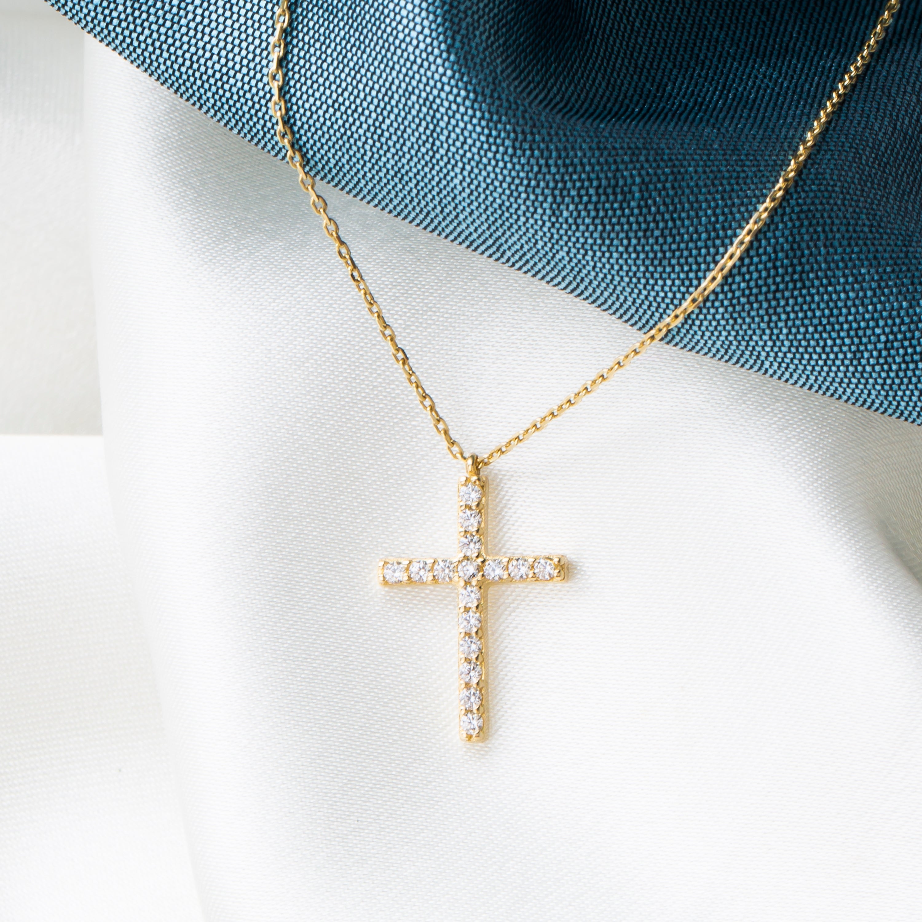 14K Solid Gold Small CZ Cross Pendant Necklace