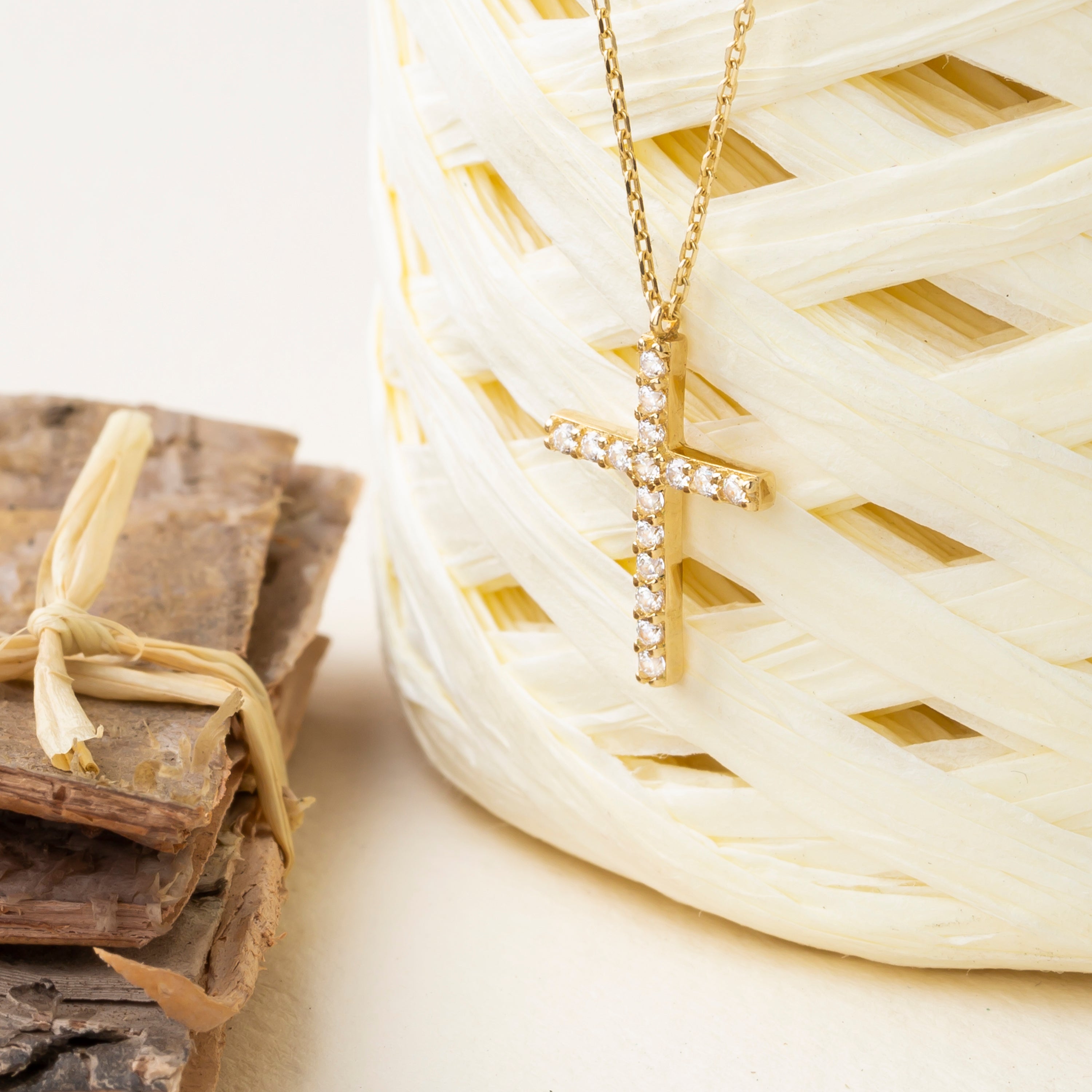 14K Solid Gold Small CZ Cross Pendant Necklace