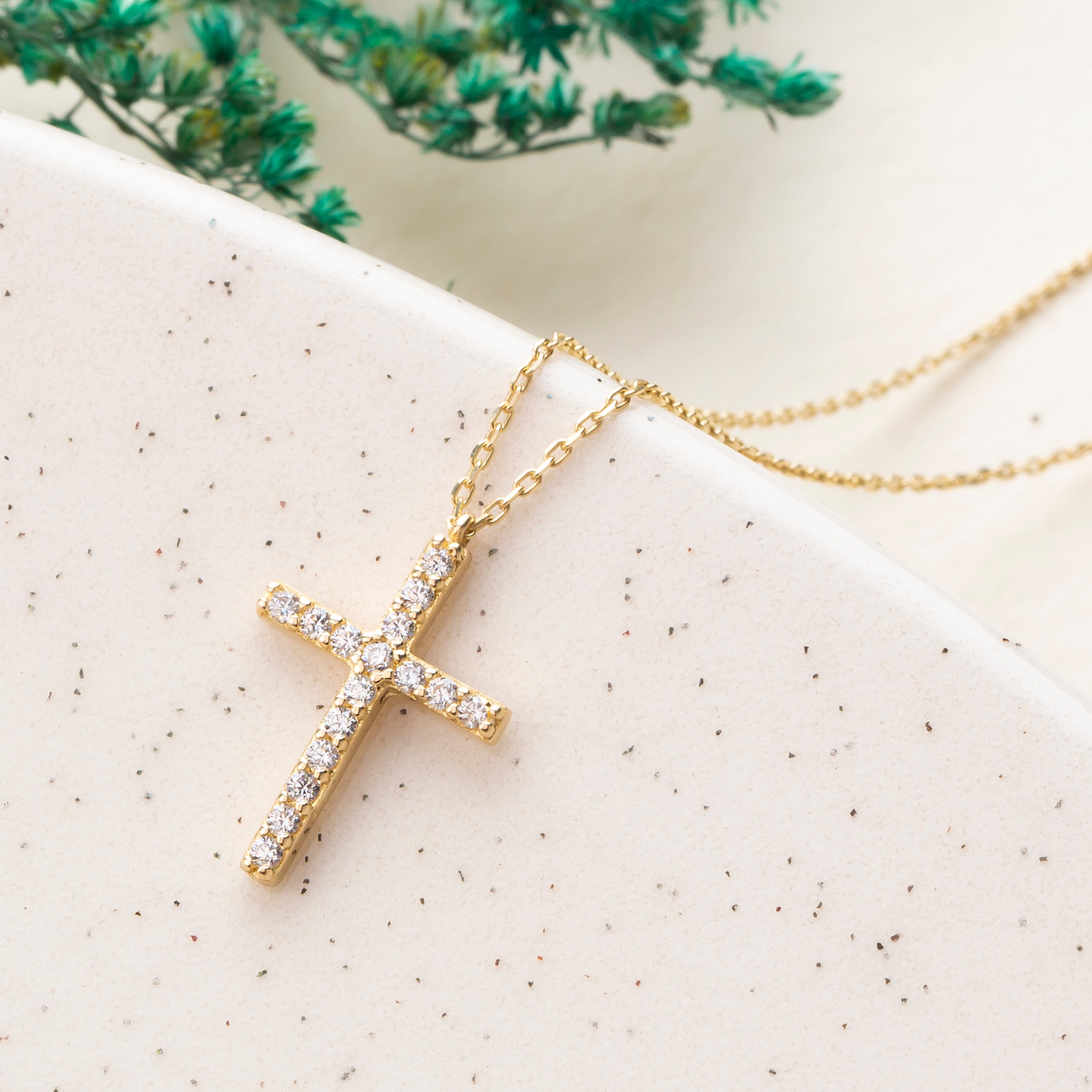 14K Solid Gold Small CZ Cross Pendant Necklace