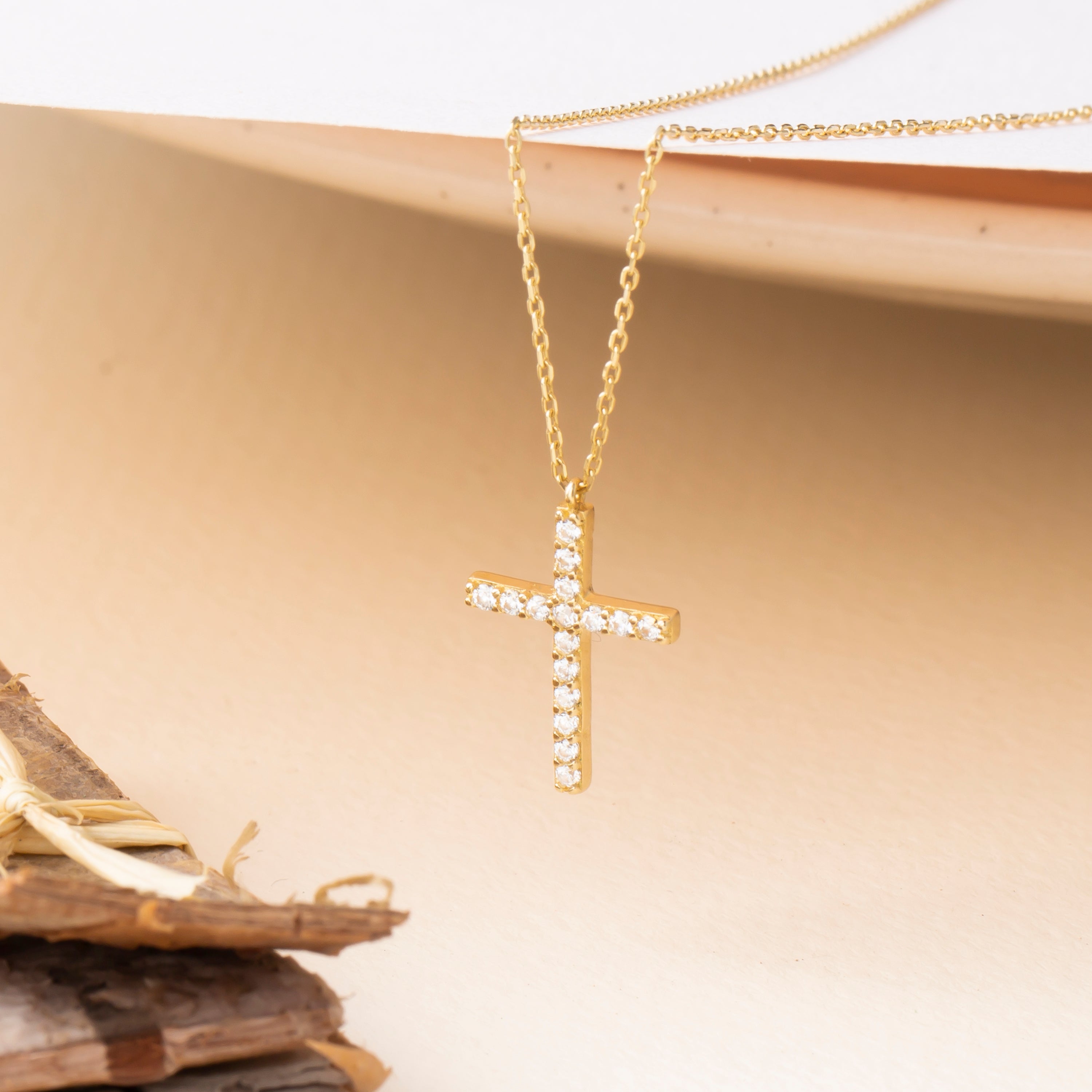 14K Solid Gold Small CZ Cross Pendant Necklace